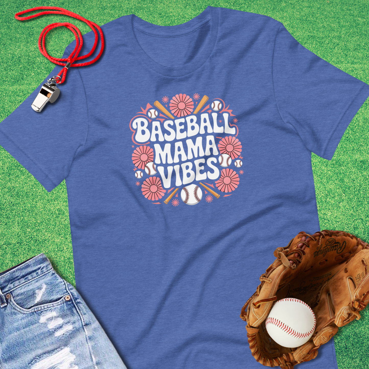 Baseball Mama Vibes Flower T-Shirt in Heather True Royal - Baseball Mom Tournament T-Shirt | Sideline Gods