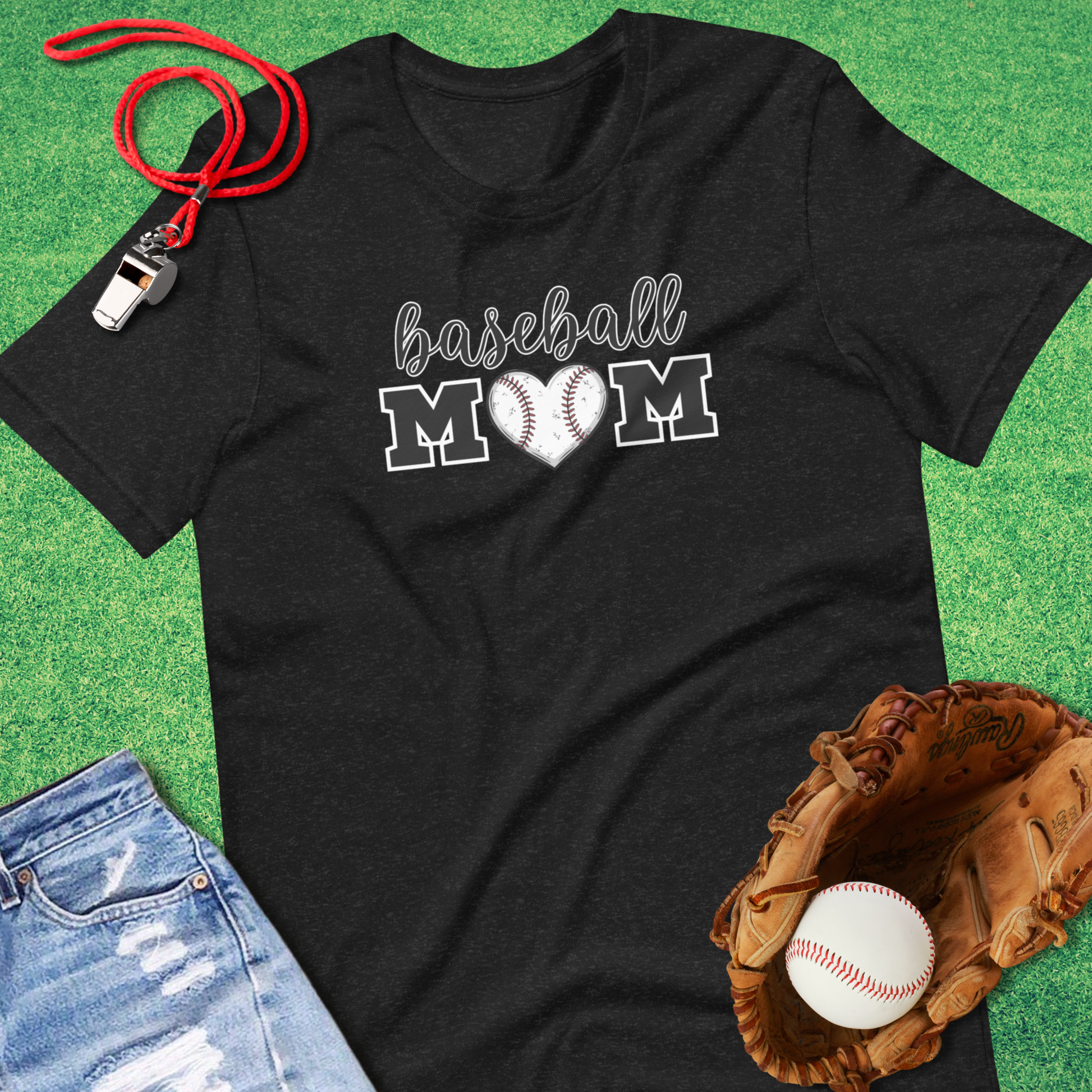 Baseball Mom Heart T-Shirt in Black Heather - Baseball Mom Gift | Sideline Gods