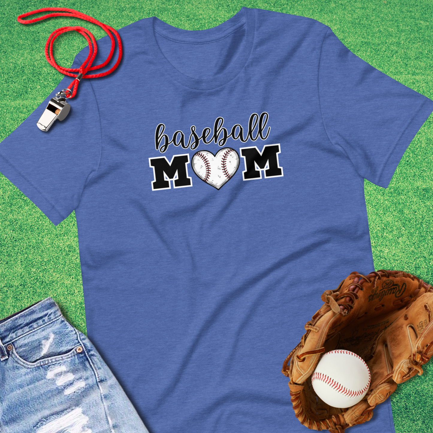 Baseball Mom Heart T-Shirt in Heather True Royal - Baseball Mom Tournament T-Shirt | Sideline Gods