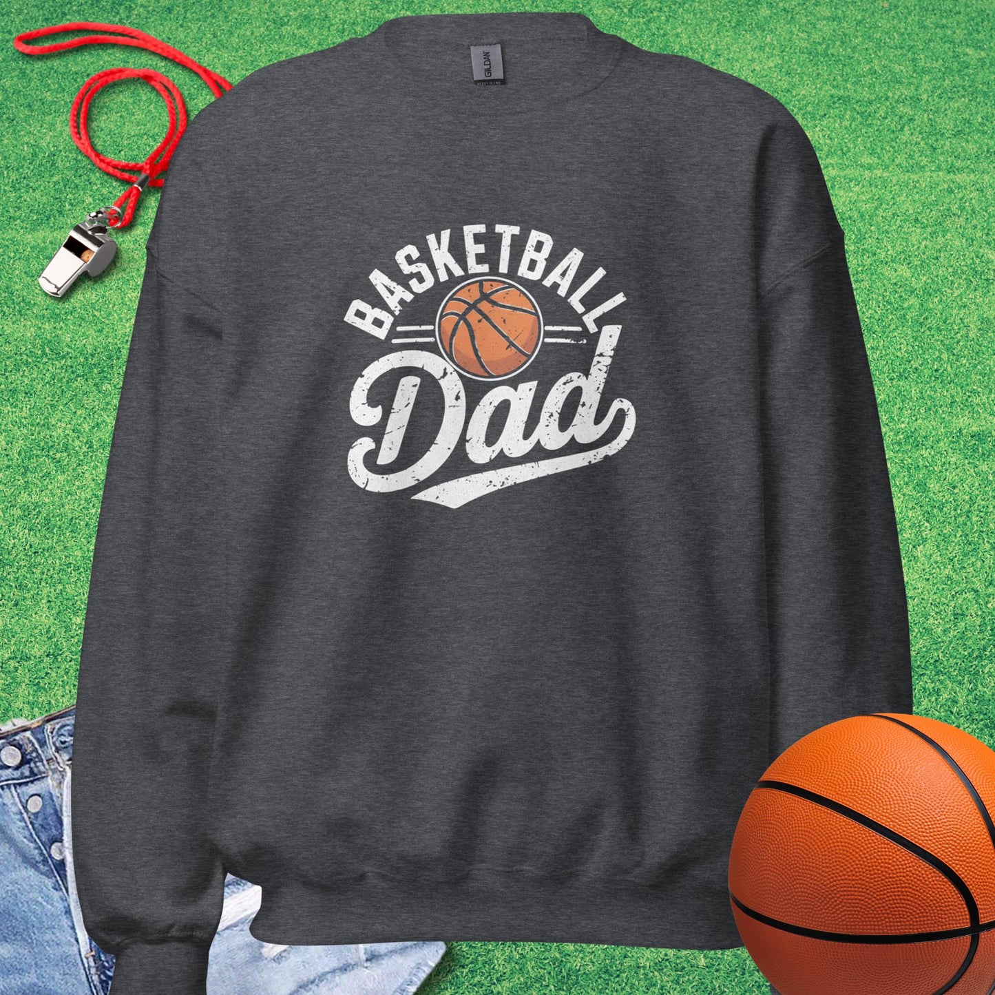 Basketball Dad Distressed Sweatshirt in Dark Heather - Hoop Dad Sweatshirt  | Sideline Gods
