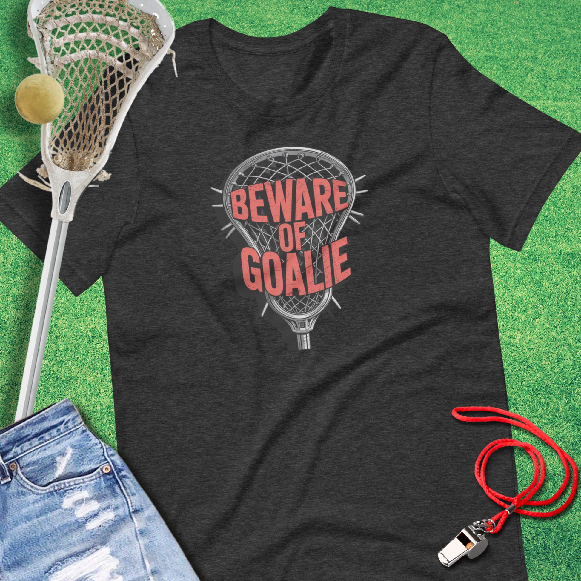 Beware of Goalie T-Shirt in Dark Grey Heather - Lacrosse Goalie apparel for players and fans | Sideline Gods