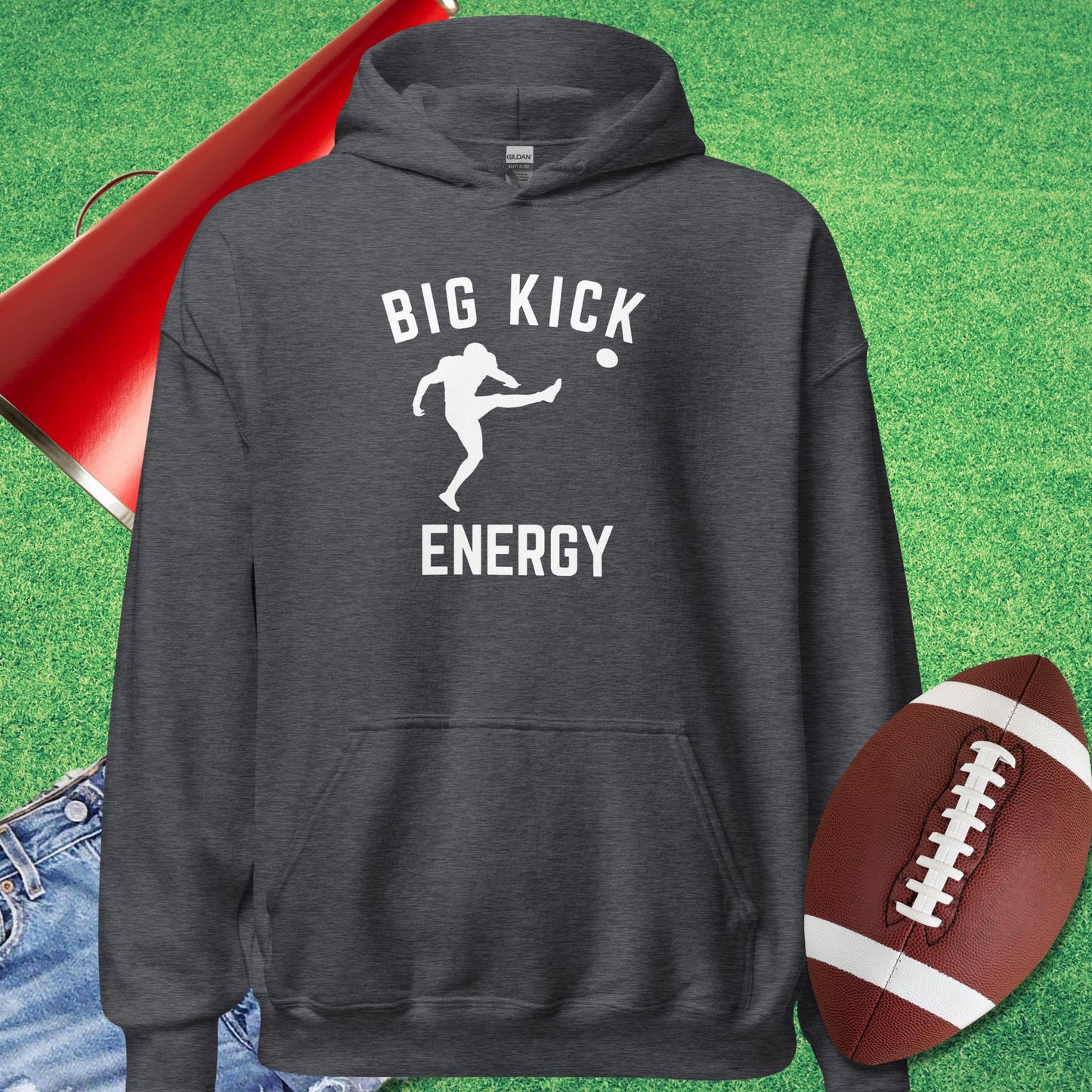 Big Kicker Energy Hoodie in Dark Heather - Football Tailgating [product_type} by Sideline Gods