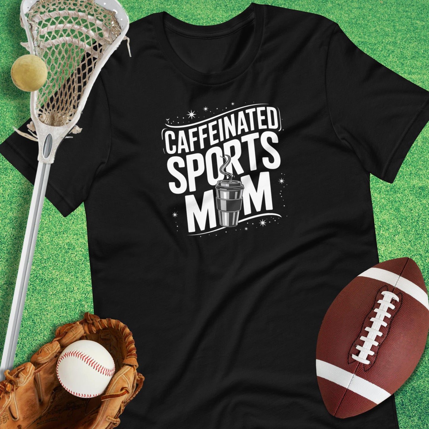 Caffeinated Sports Mom T-Shirt in Black - Sports Mom Spirit | Sideline Gods