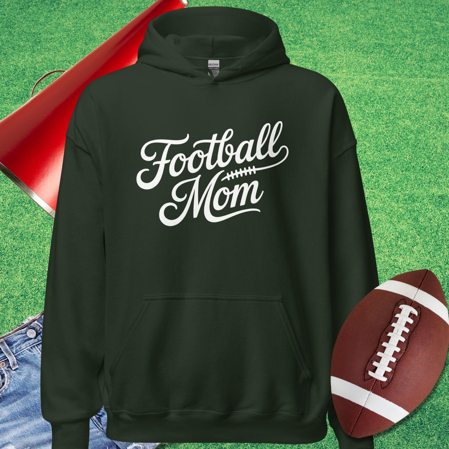 Classic Script Football Mom Hoodie in Forest Green - Football Mom Christmas Gifts by Sideline Gods