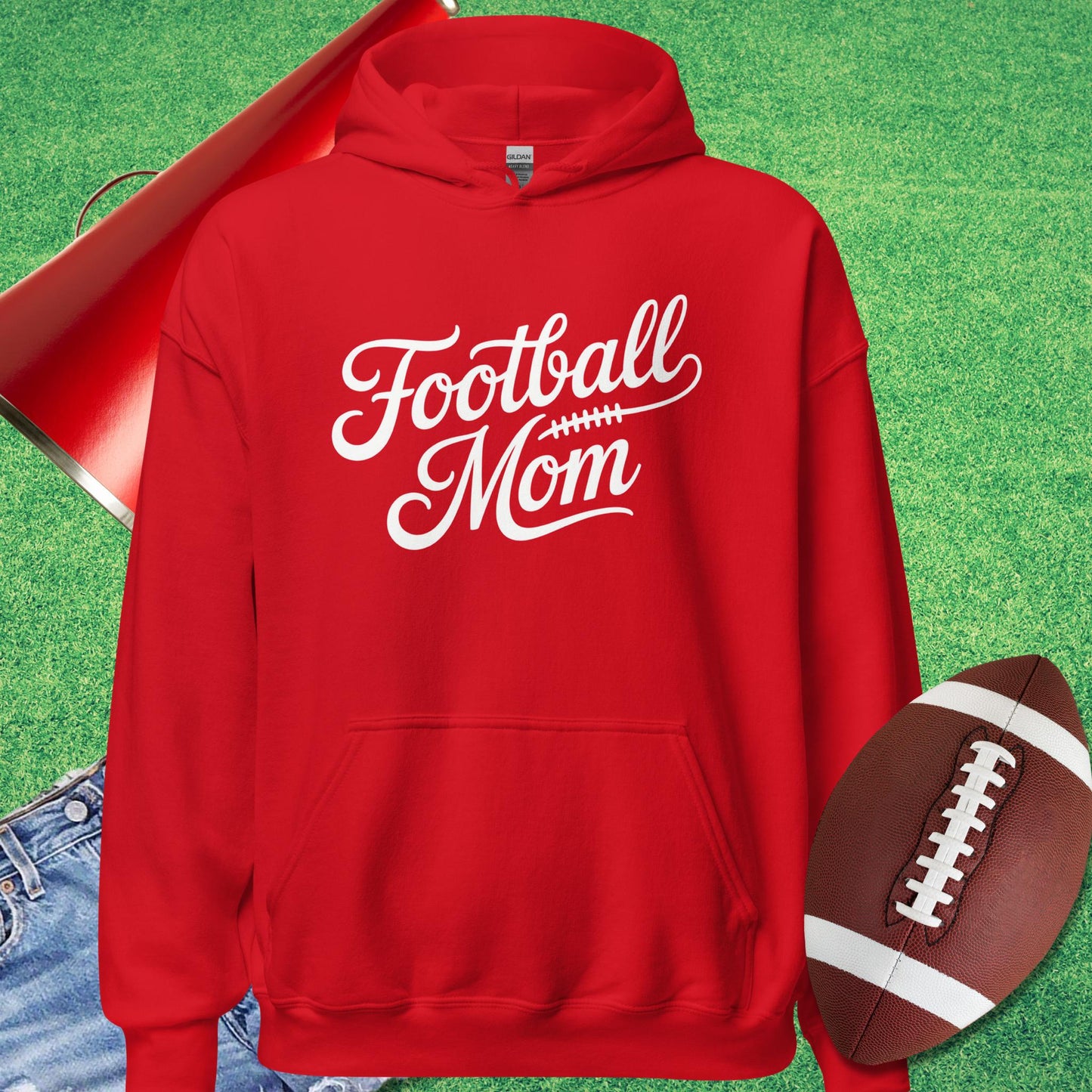 Classic Script Football Mom Hoodie in Red - Football Mom Birthday Gift by Sideline Gods