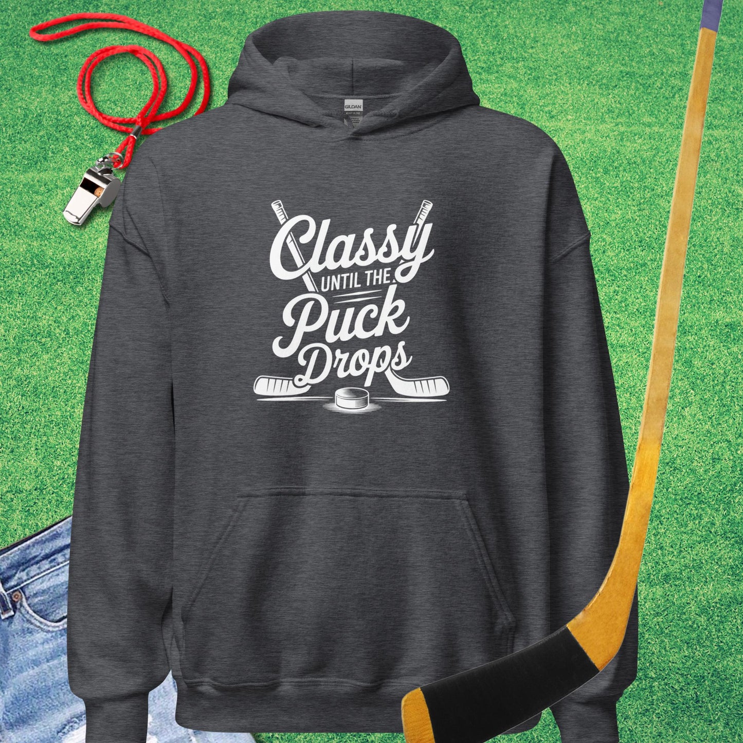 Classy Til the Puck Drops Hoodie in Dark Heather - Hockey Mom Hoodie | Sideline Gods