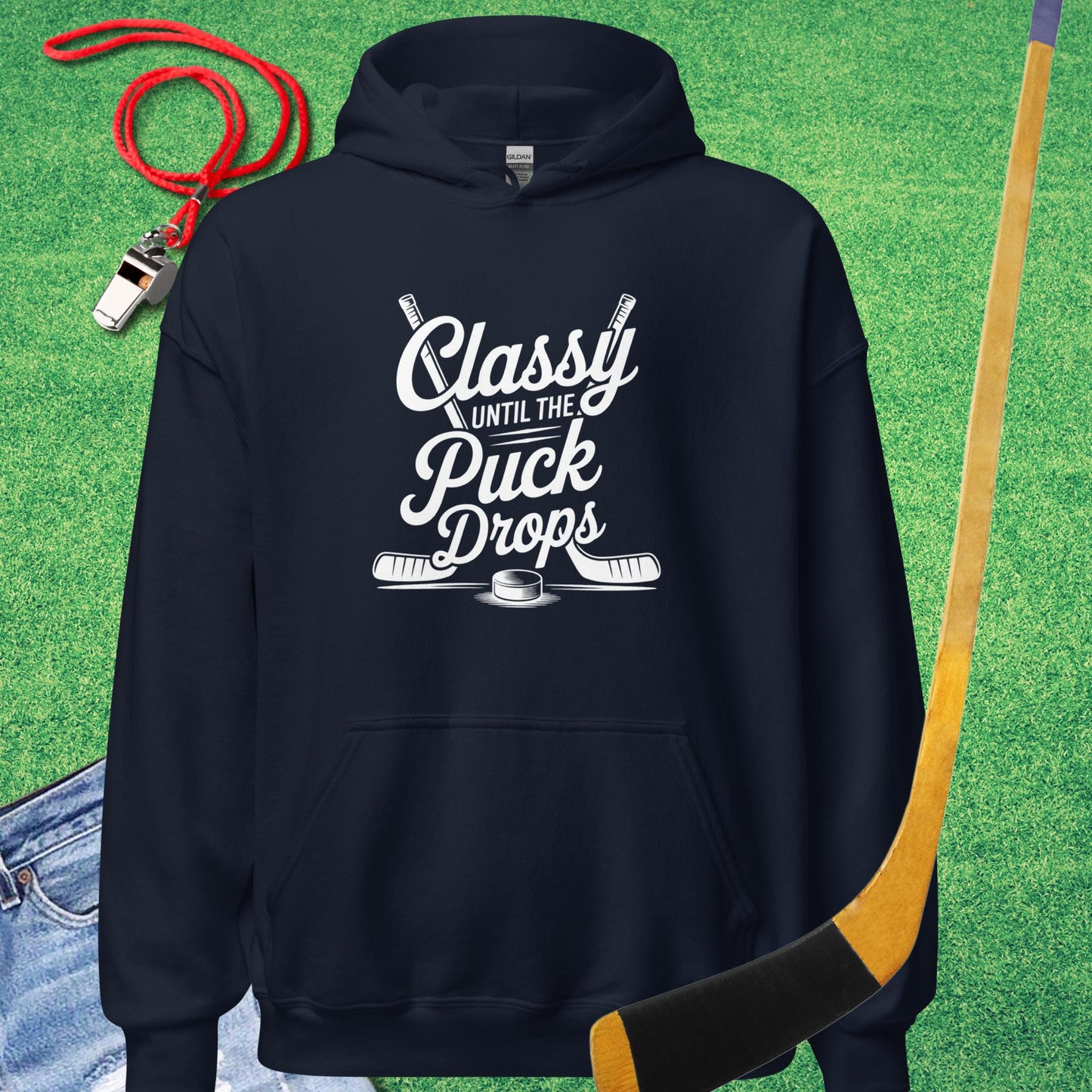 Classy Til the Puck Drops Hoodie in Navy - Ice Hockey Mom Spirit | Sideline Gods