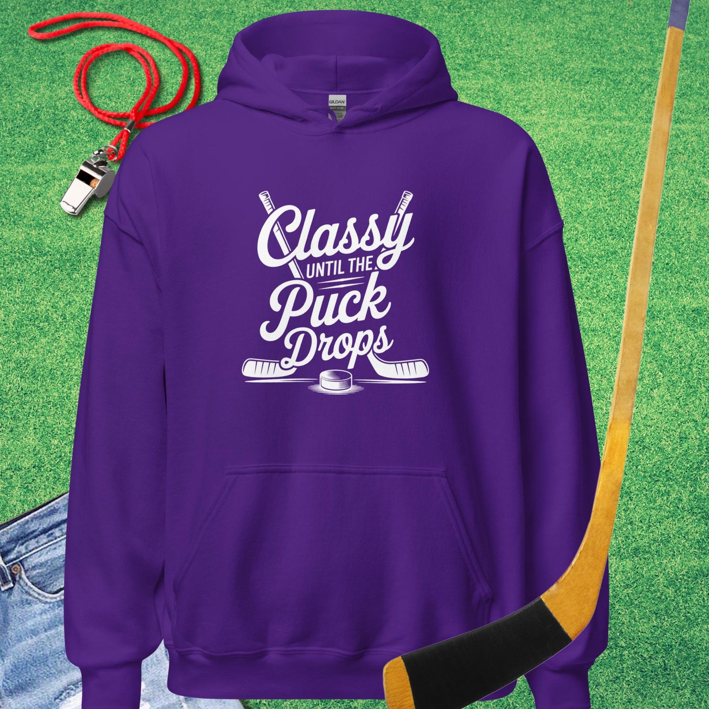Classy Til the Puck Drops Hoodie in Purple - Ice Hockey Mom Hoodie | Sideline Gods
