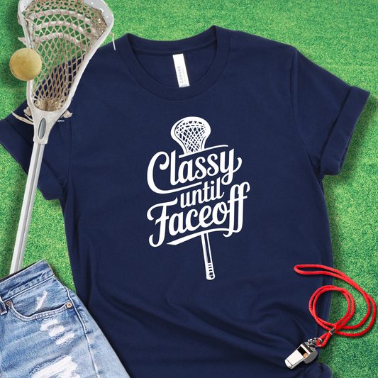 Classy Until Faceoff Lacrosse T-Shirt in Heather Midnight Navy - Lacrosse Mom T-Shirt | Sideline Gods