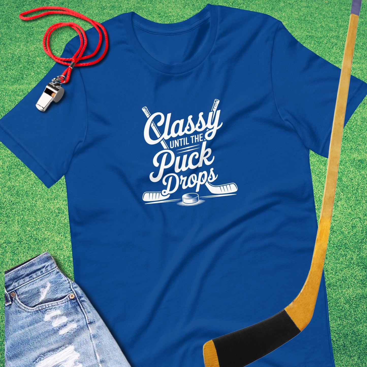Classy Until the Puck Drops T-Shirt in True Royal - Hockey Mom T-Shirt | Sideline Gods