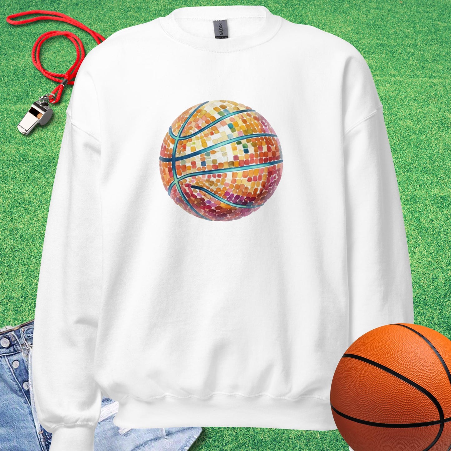 Disco Basketball Sweatshirt in White - Retro BBall Sweatshirt  | Sideline Gods