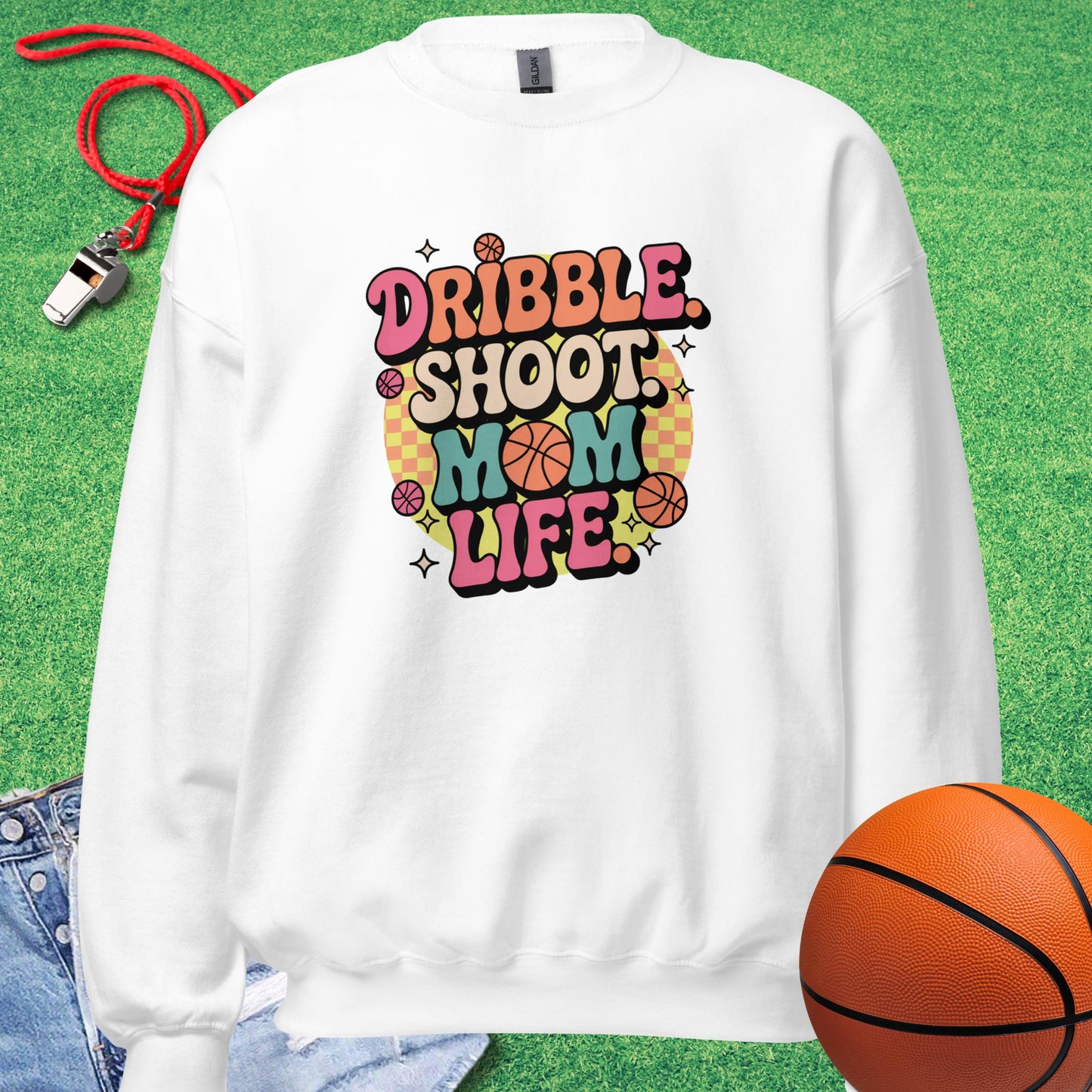 Dribble Shoot Mom Sweatshirt in White - Basketball Mom Gift | Sideline Gods