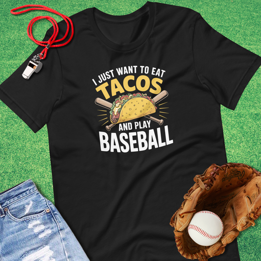 Eat Tacos and Play Baseball T-Shirt in Black - Funny Baseball T-Shirt | Sideline Gods