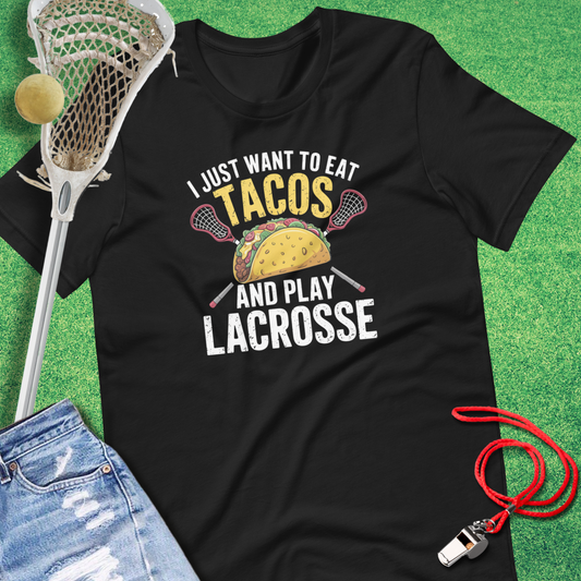 Eat Tacos and Play Lacrosse T-Shirt in Vintage Black - Funny Lacrosse T-Shirt | Sideline Gods