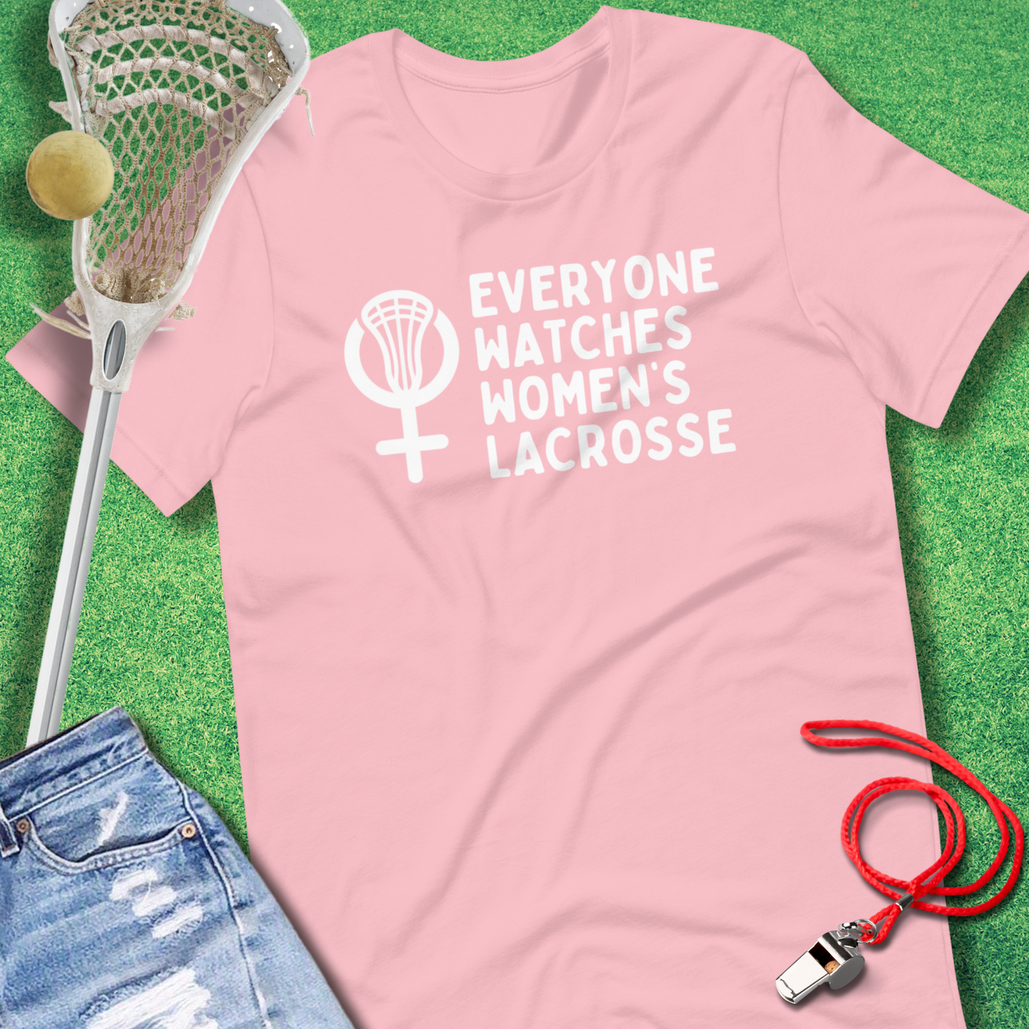 Graphic lacrosse shirt with bold text for female athletes and lacrosse enthusiasts pink