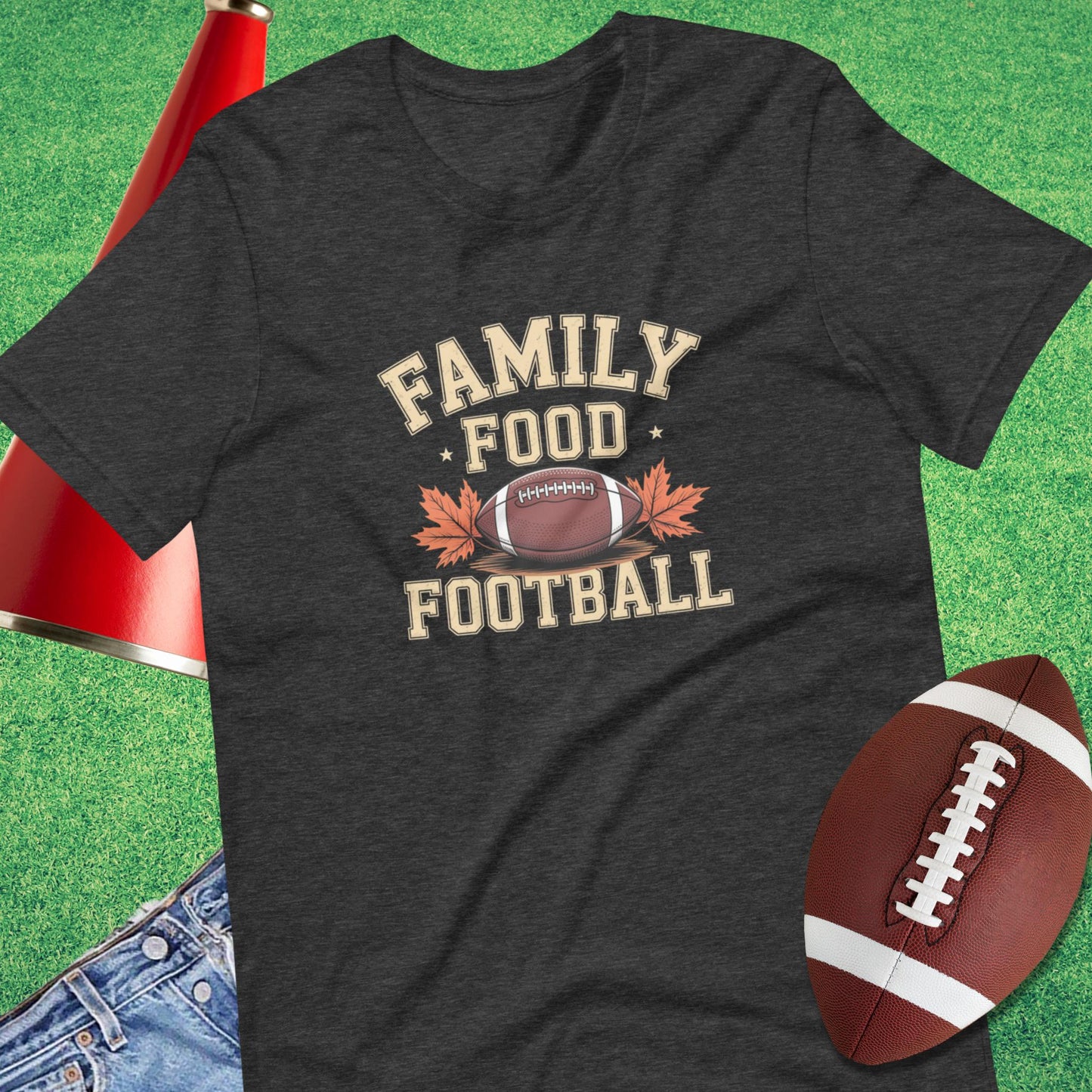 Family, Food and Football T-Shirt in Dark Grey Heather - Thanksgiving Football [product_type} by Sideline Gods