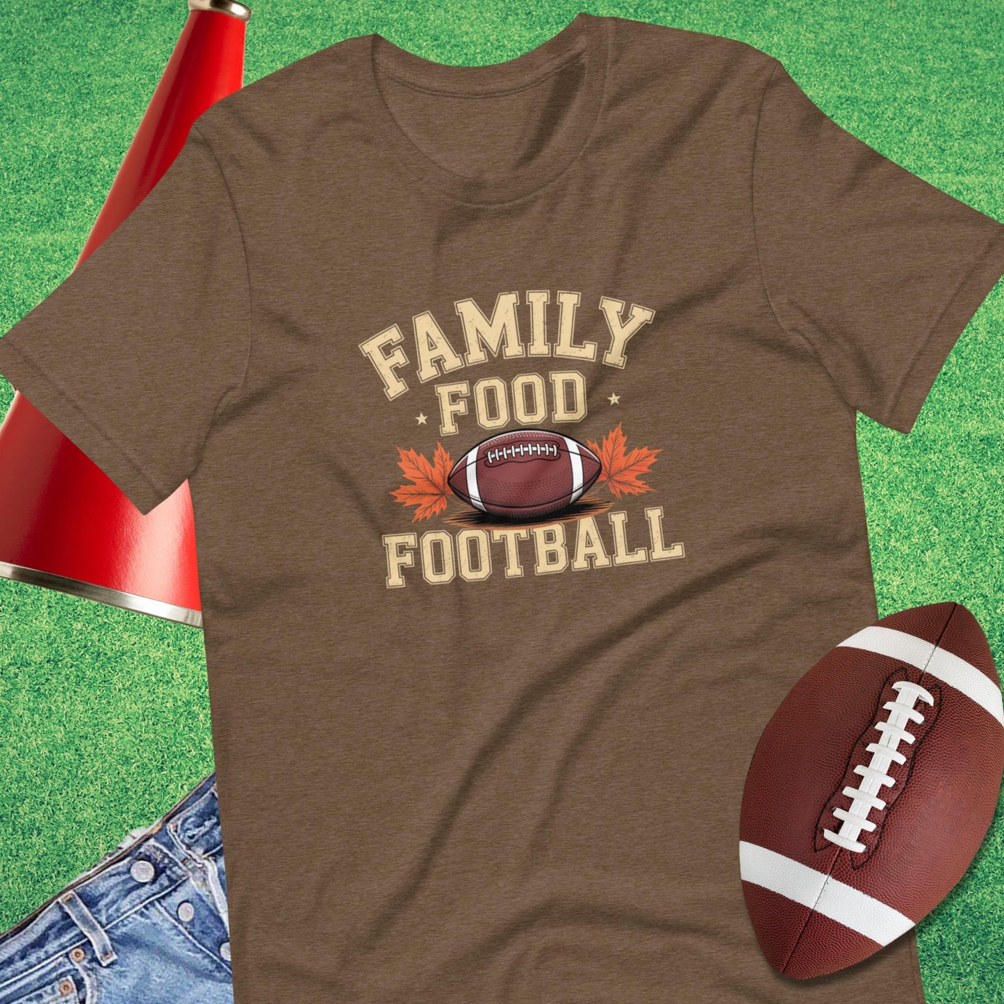 Family, Food and Football T-Shirt in Heather Brown - Thanksgiving Football [product_type} by Sideline Gods