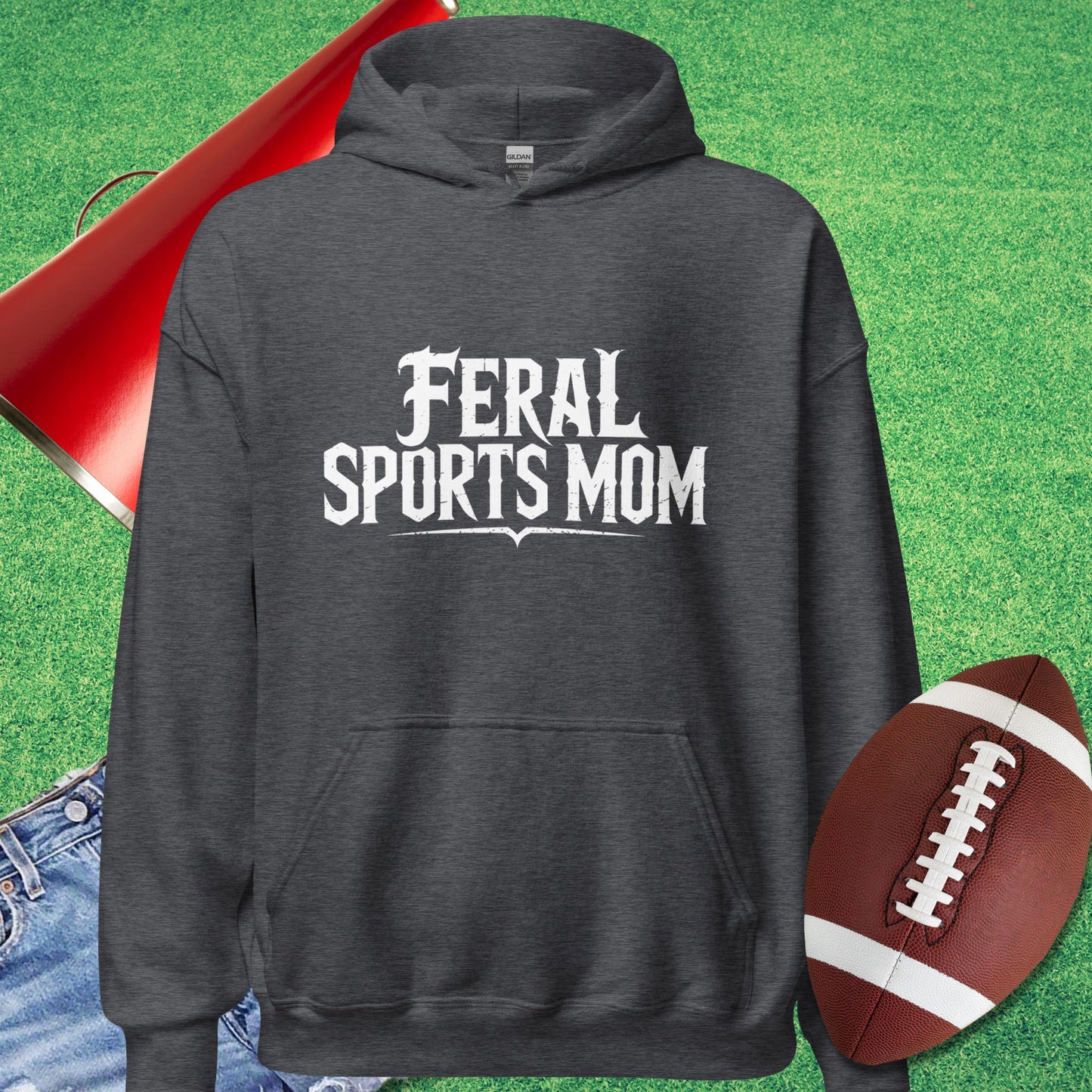 Feral Sports Mom Hoodie in Dark Heather - proud football mom shirt by Sideline Gods