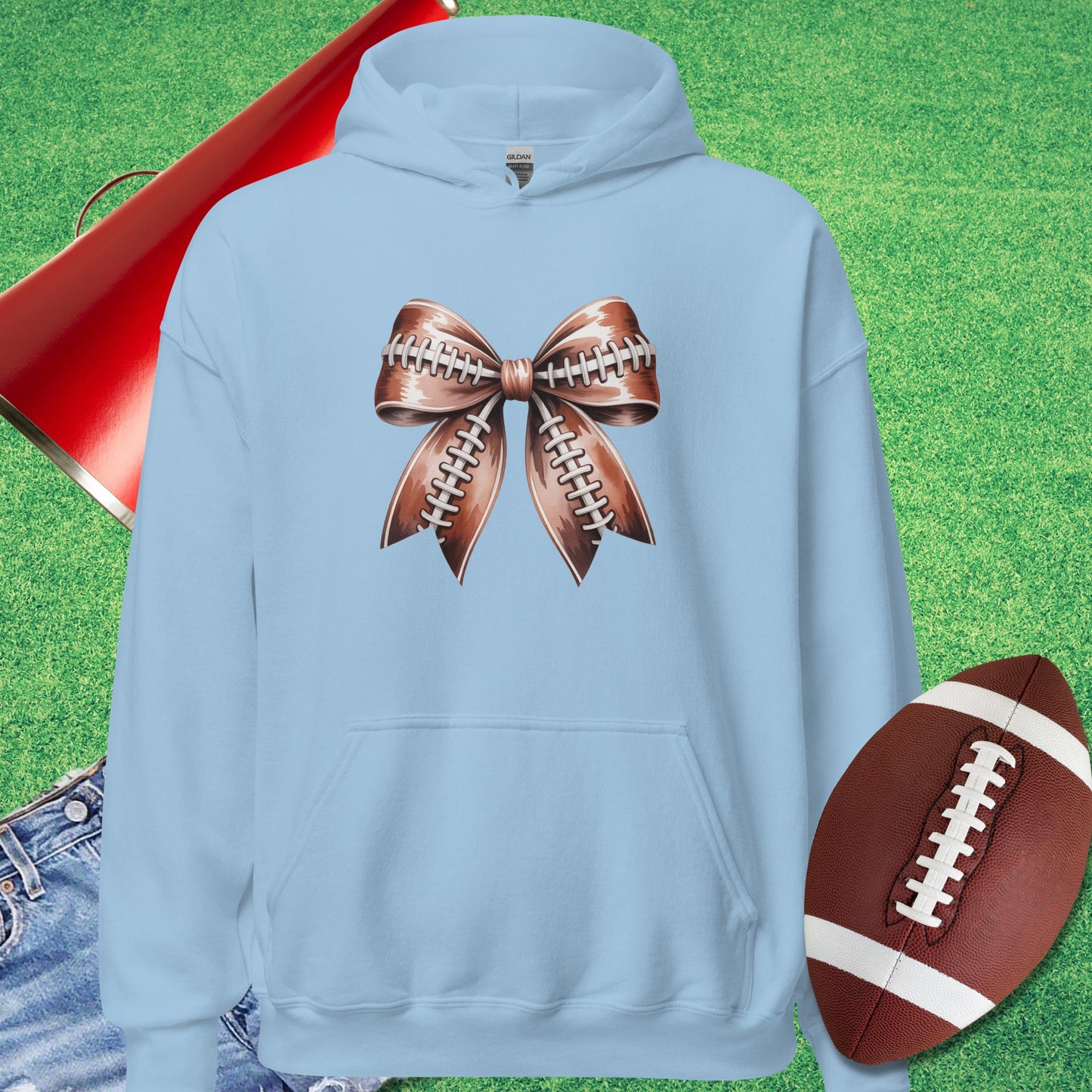 Football Bow Hoodie in Light Blue - Football Mom Christmas Gifts by Sideline Gods