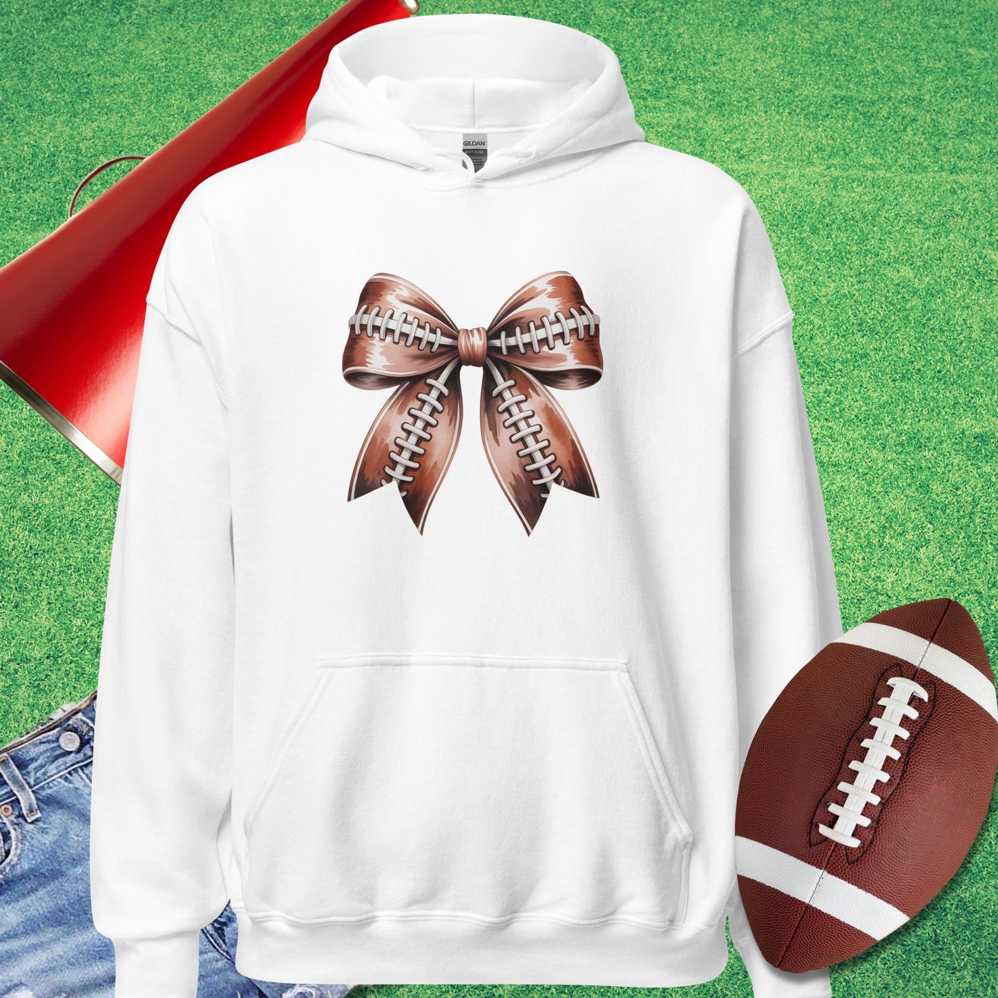 Football Bow Hoodie in White - Football Mom Birthday Gift by Sideline Gods