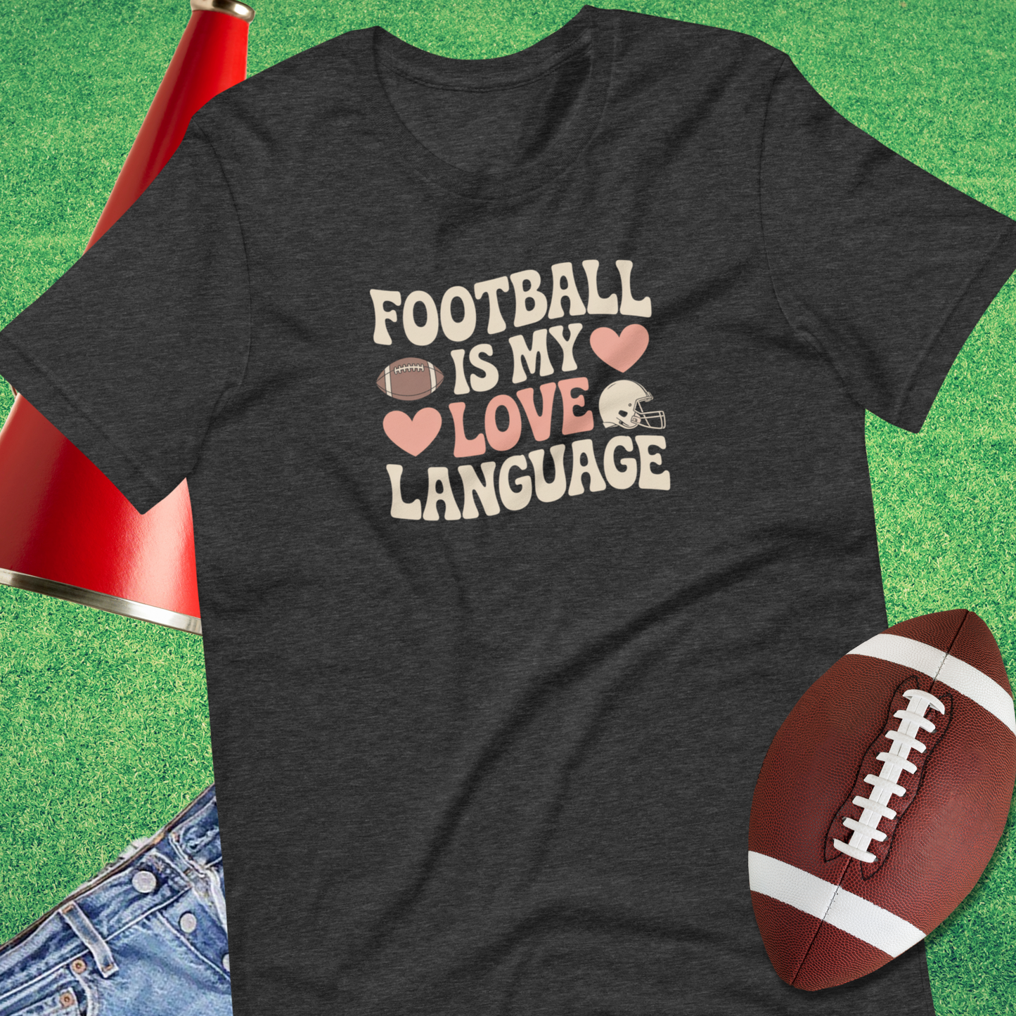 Unisex football love language shirt styled with casual game day outfit retro font icons gift mom
