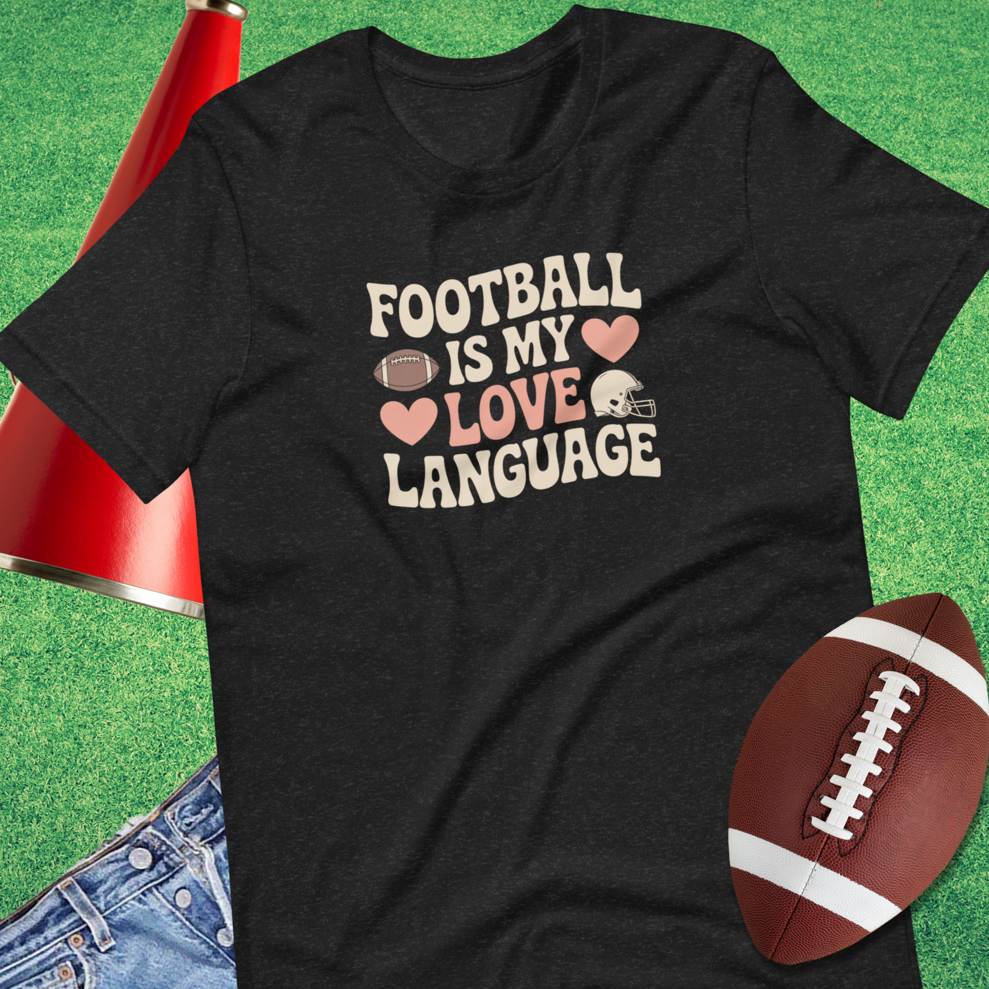 Close-up of Football Is My Love Language design on game day tee