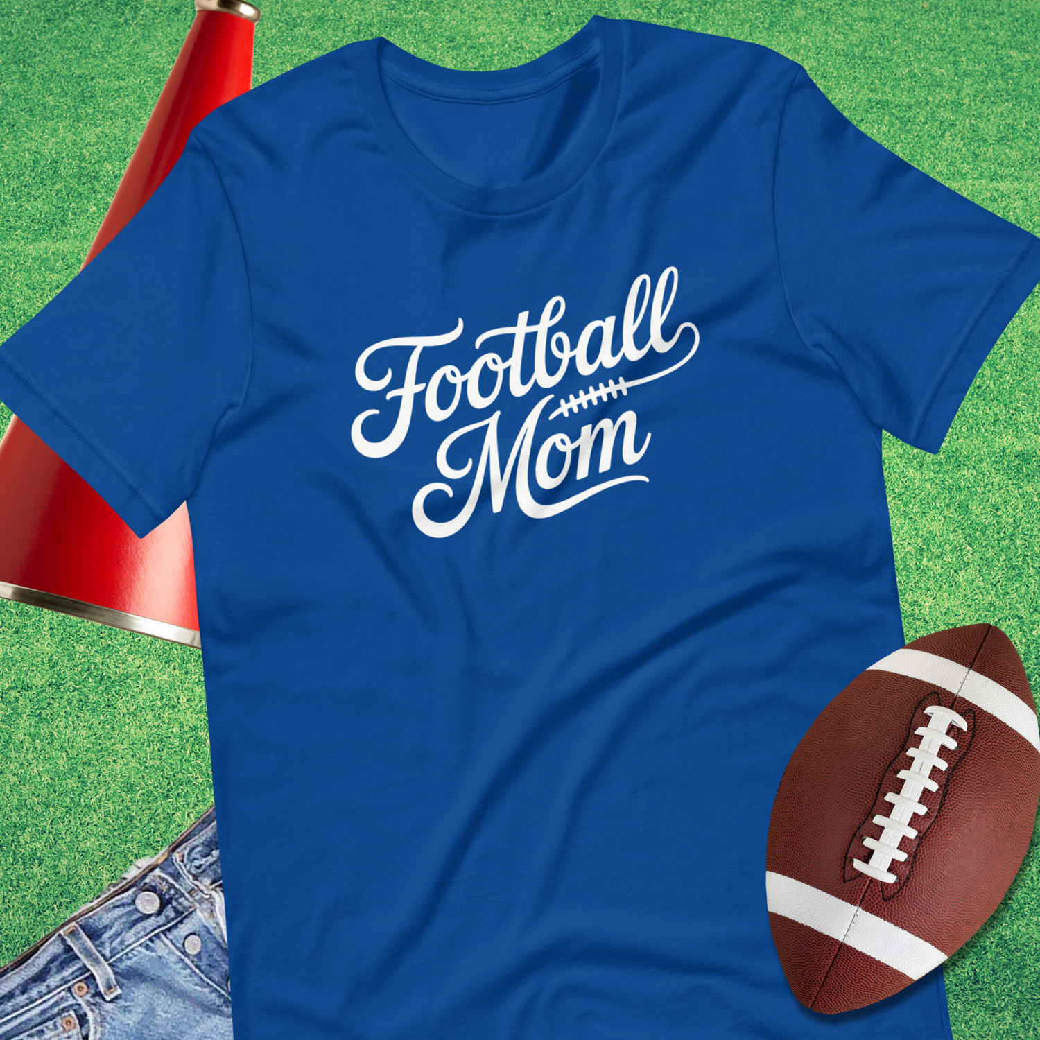 royal blue football mom t-shirt in elegant script font by Sideline Gods game day 