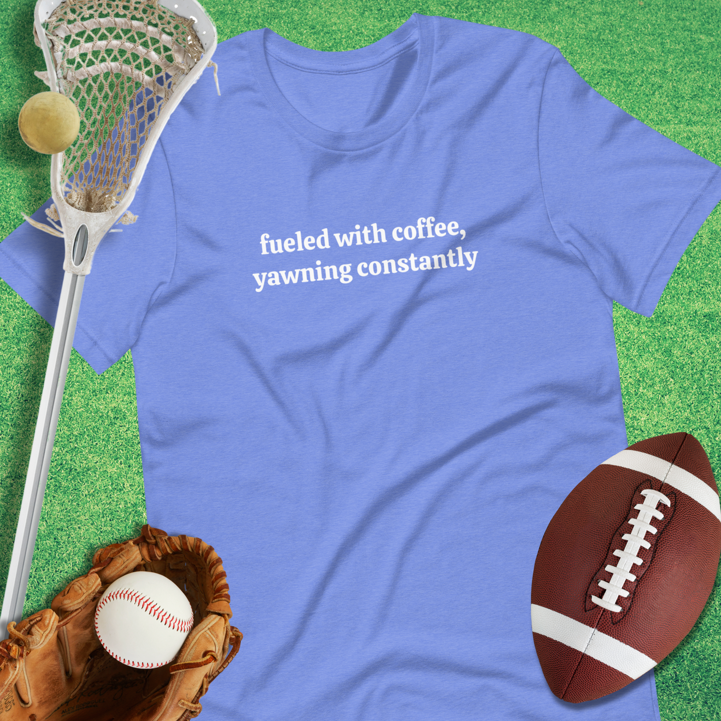 Fueled By Coffee T-Shirt in Heather Columbia Blue - Sports Mom Tournament T-Shirt | Sideline Gods