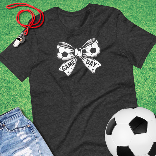 Casual unisex soccer tee with cute bow-shaped soccer ball print