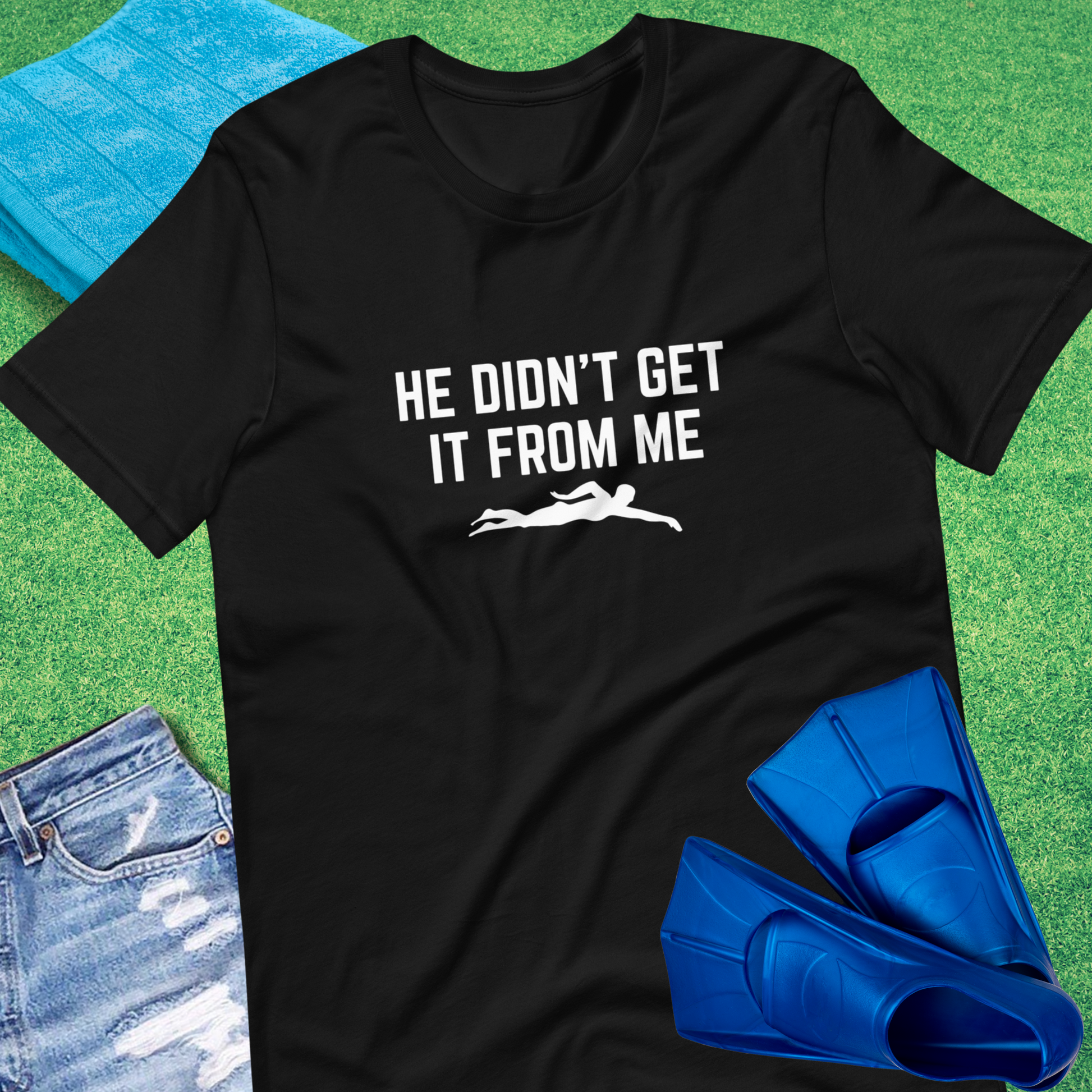He Didn't Get Swimming From Me T-Shirt in Black - Funny Pool T-Shirt | Sideline Gods