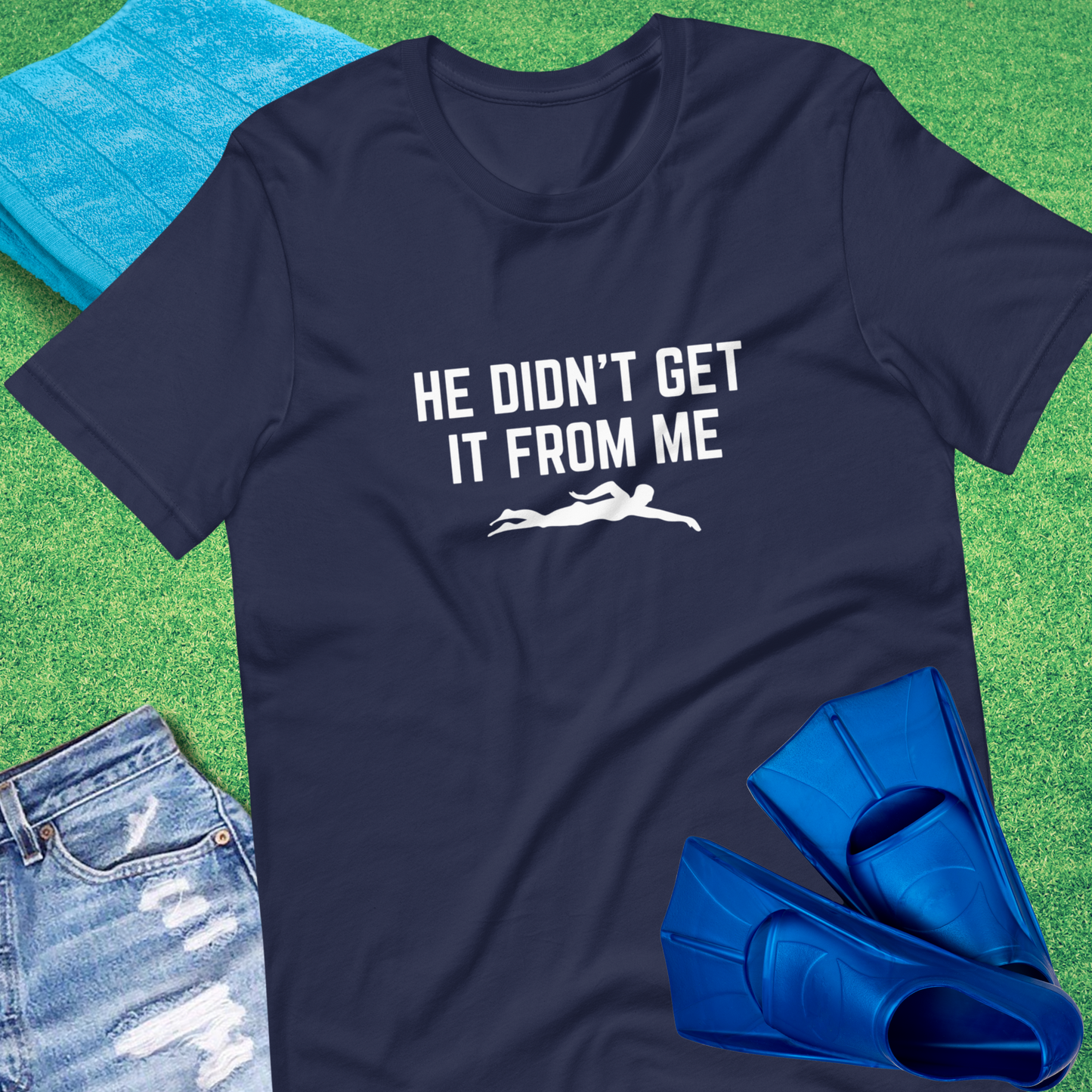 He Didn't Get Swimming From Me T-Shirt in Navy - Humorous Swim Team T-Shirt | Sideline Gods
