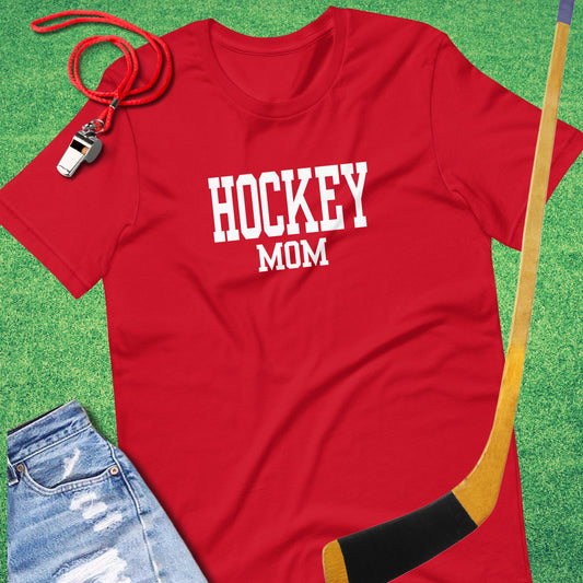 Hockey Mom Varsity T-Shirt in Red - Funny Ice Hockey T-Shirt | Sideline Gods