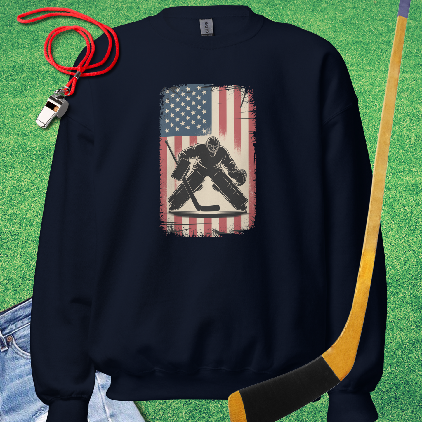 Hockey Player Flag Sweatshirt in Navy - American Hockey Sweatshirt | Sideline Gods