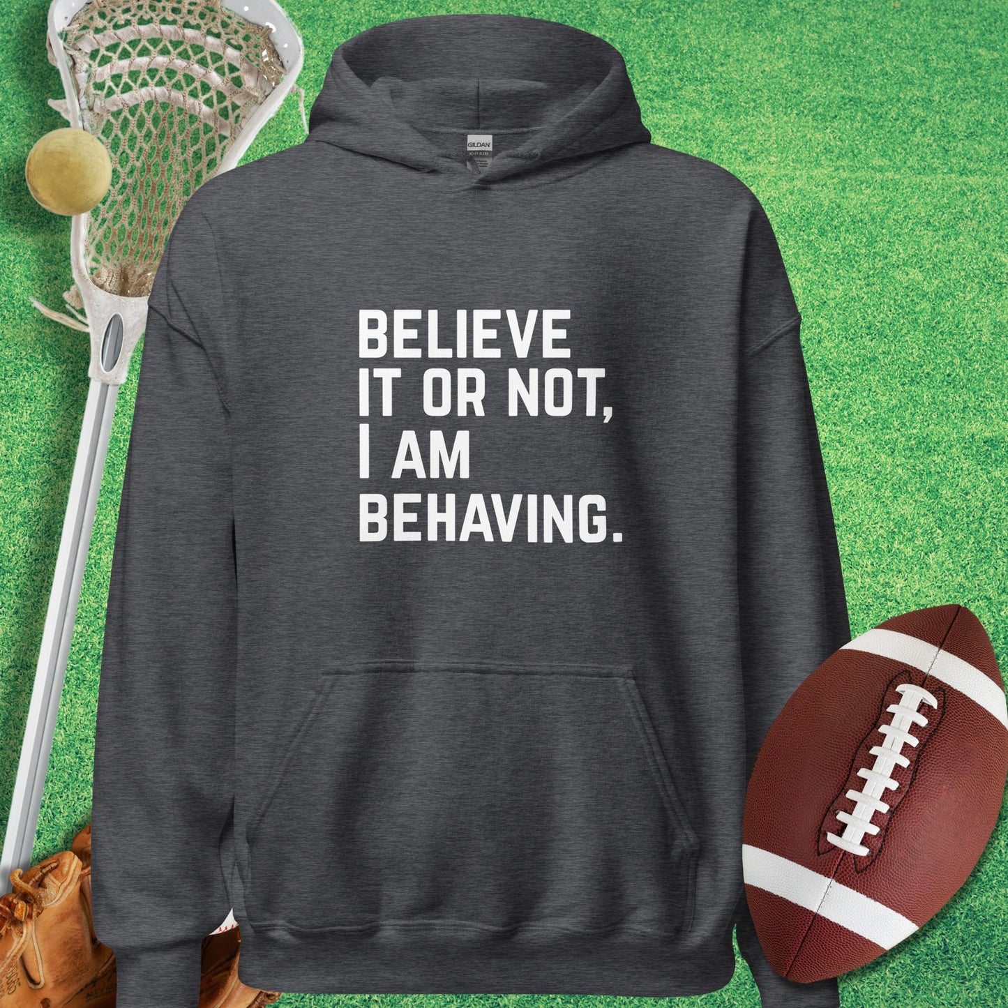 I Am Behaving Hoodie in Dark Heather - sports humor Hoodie | Sideline Gods