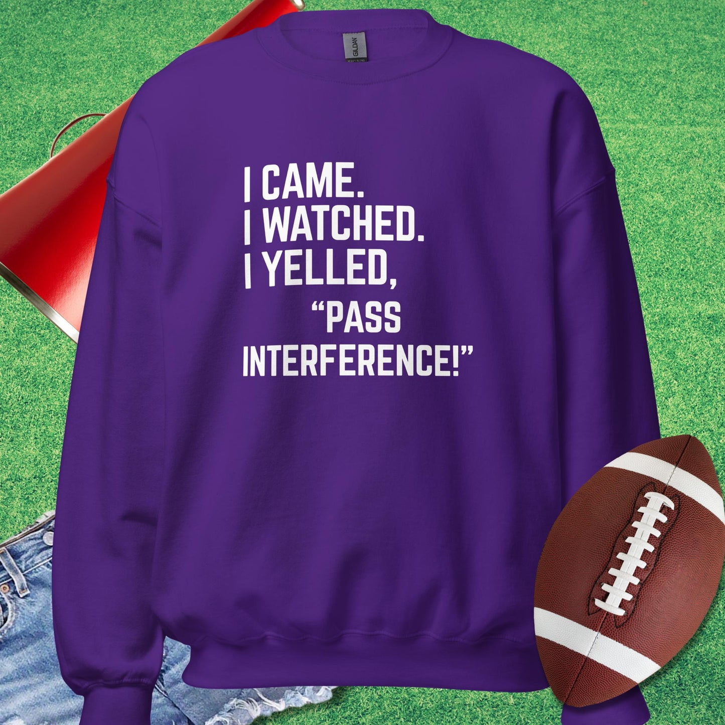 I Came I Watched I Yelled "Pass Interference" Sweatshirt in Purple - Funny Football Gift by Sideline Gods