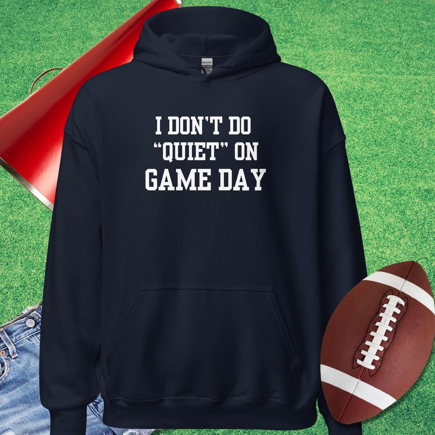 I Don't Do Quiet on Game Day Hoodie in Navy - Novelty Football Hoodie by Sideline Gods