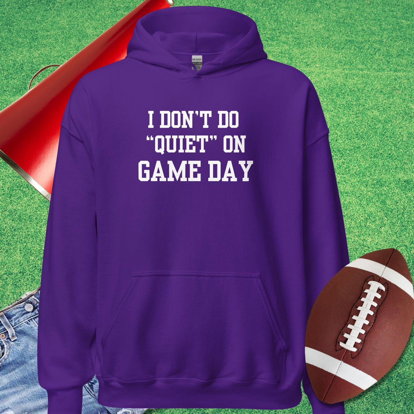 I Don't Do Quiet on Game Day Hoodie in Purple - football fan funny Hoodie by Sideline Gods
