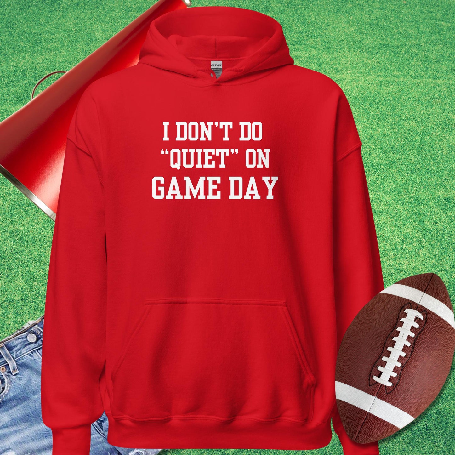 I Don't Do Quiet on Game Day Hoodie in Red - Football Tailgate Hoodie by Sideline Gods