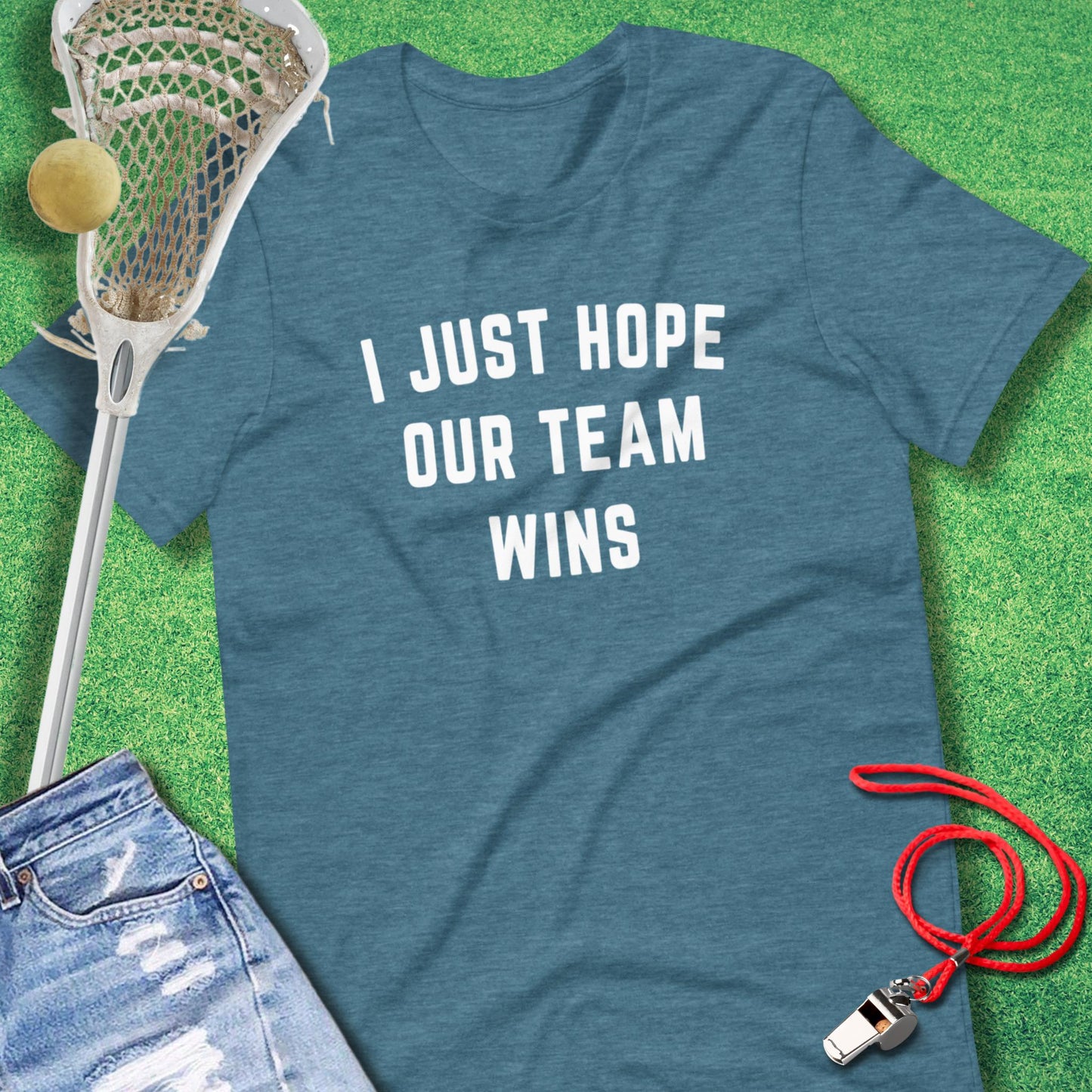 I Just Hope Our Team Wins T-Shirt in Heather Deep Teal - funny tailgating T-Shirt | Sideline Gods