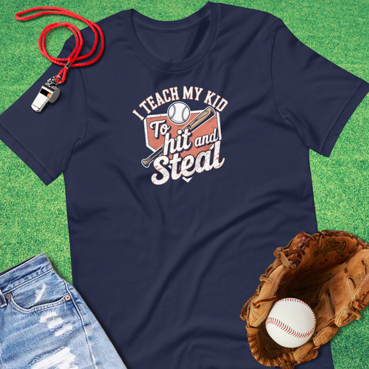I Teach My Kid to Hit and Steal T-Shirt in Navy - Baseball Parent T-Shirt | Sideline Gods