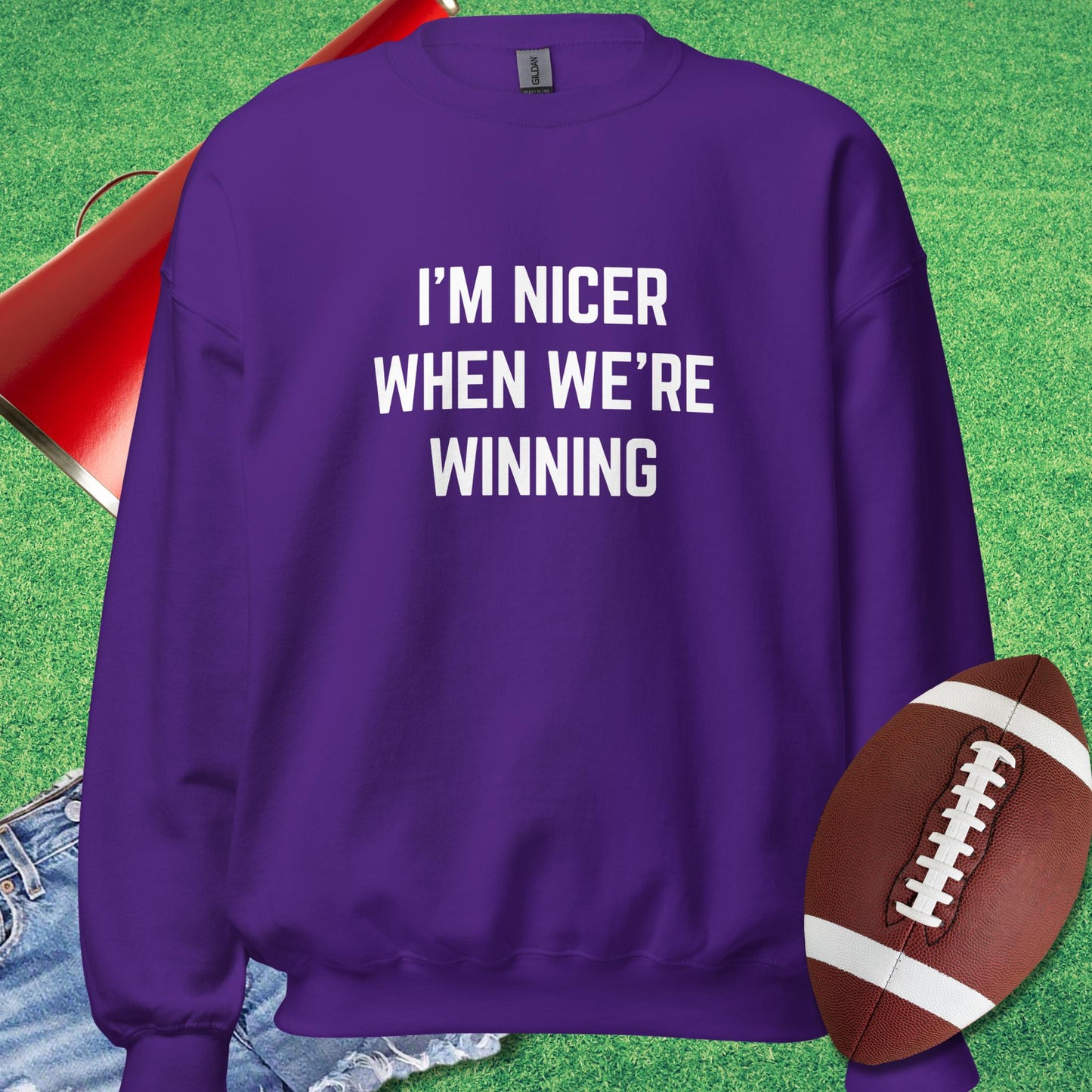 I'm Nicer When We're Winning Sweatshirt in Purple - Funny Football Gift by Sideline Gods
