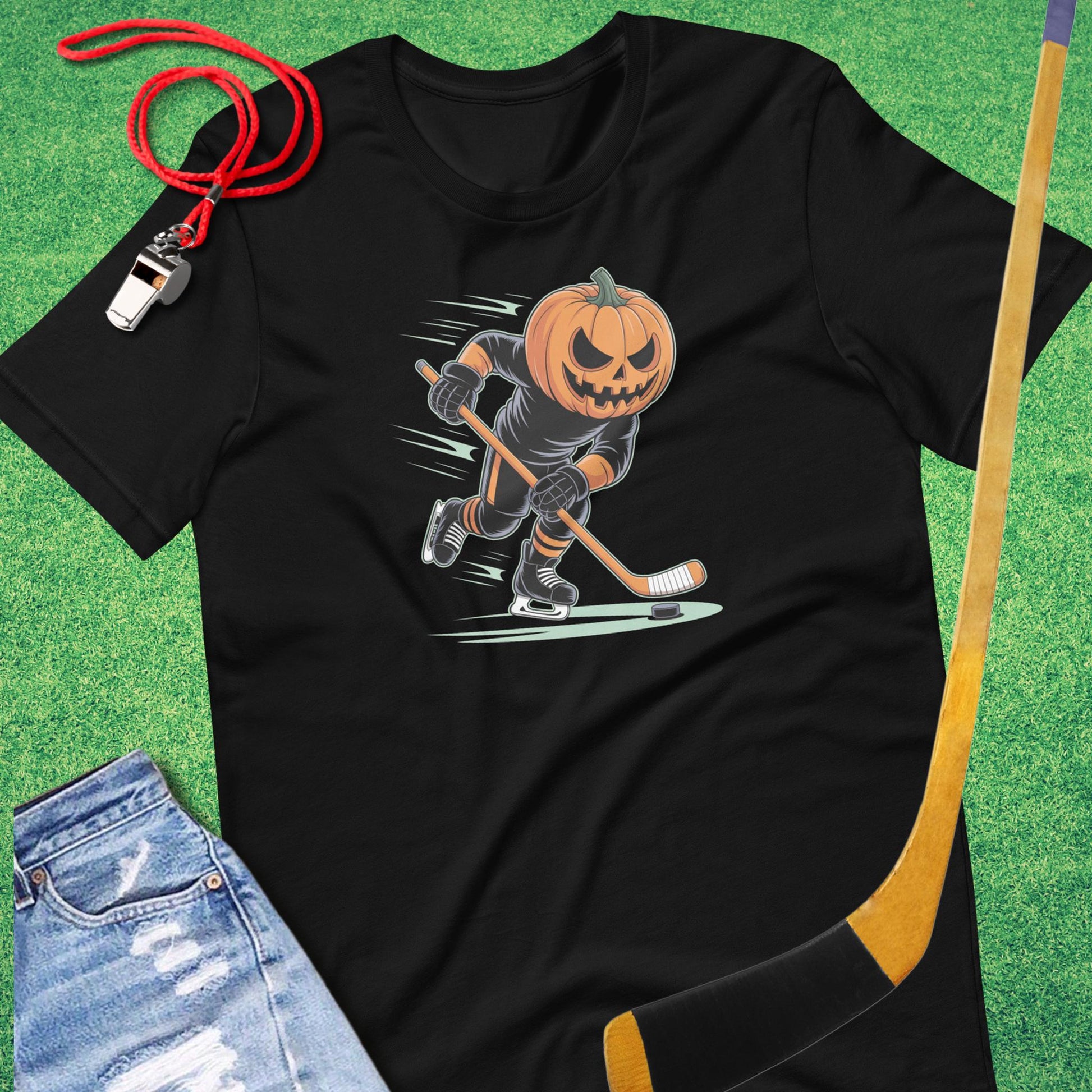 Jack O Lantern Hockey Player T-Shirt in Black - Spooky Ice Hockey T-Shirt | Sideline Gods