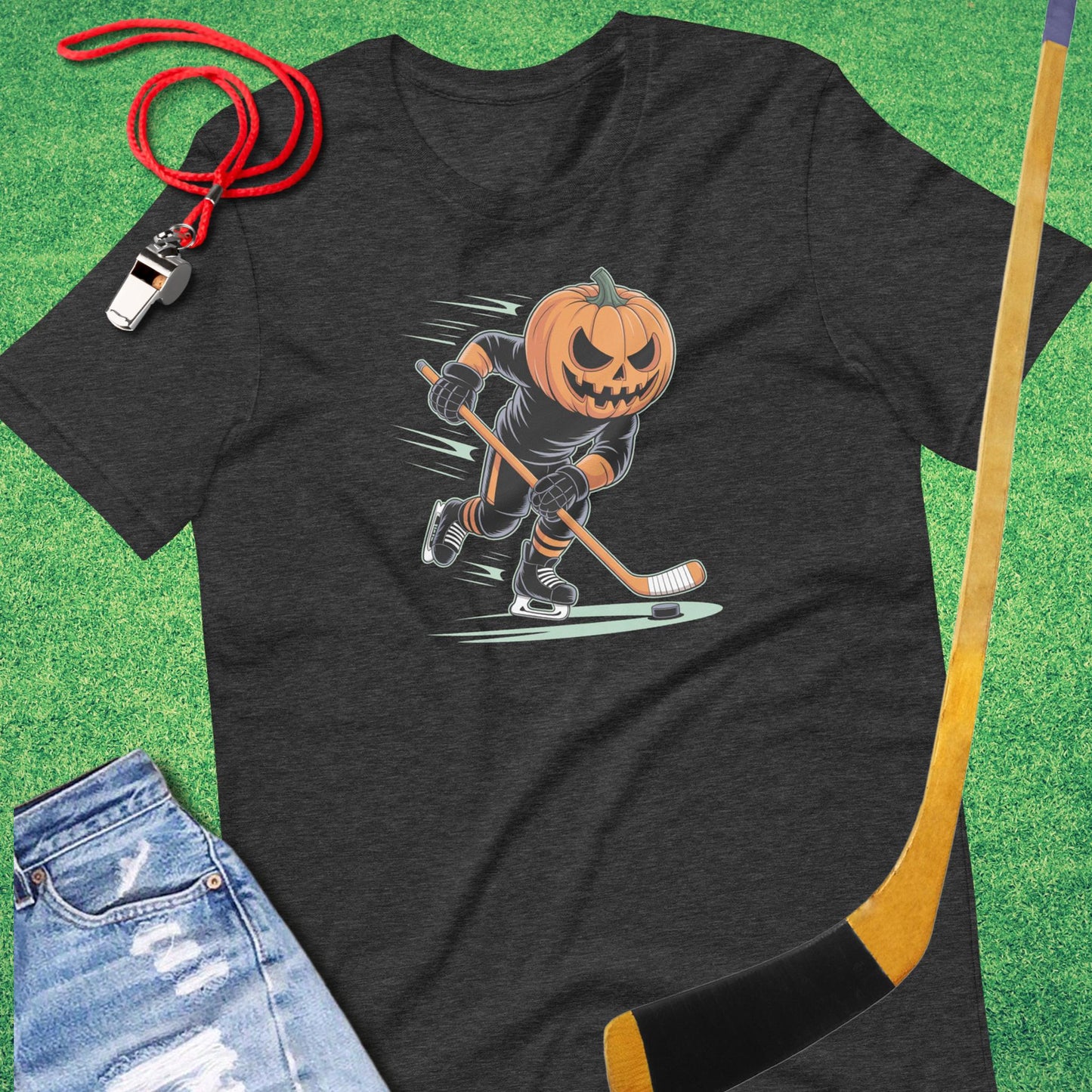 Jack O Lantern Hockey Player T-Shirt in Dark Grey Heather - Halloween Hockey T-Shirt | Sideline Gods