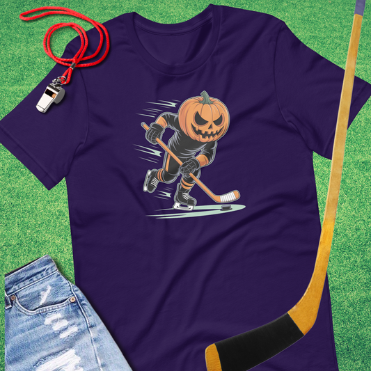 Jack O Lantern Hockey Player T-Shirt in Team Purple - Halloween Ice Hockey T-Shirt | Sideline Gods