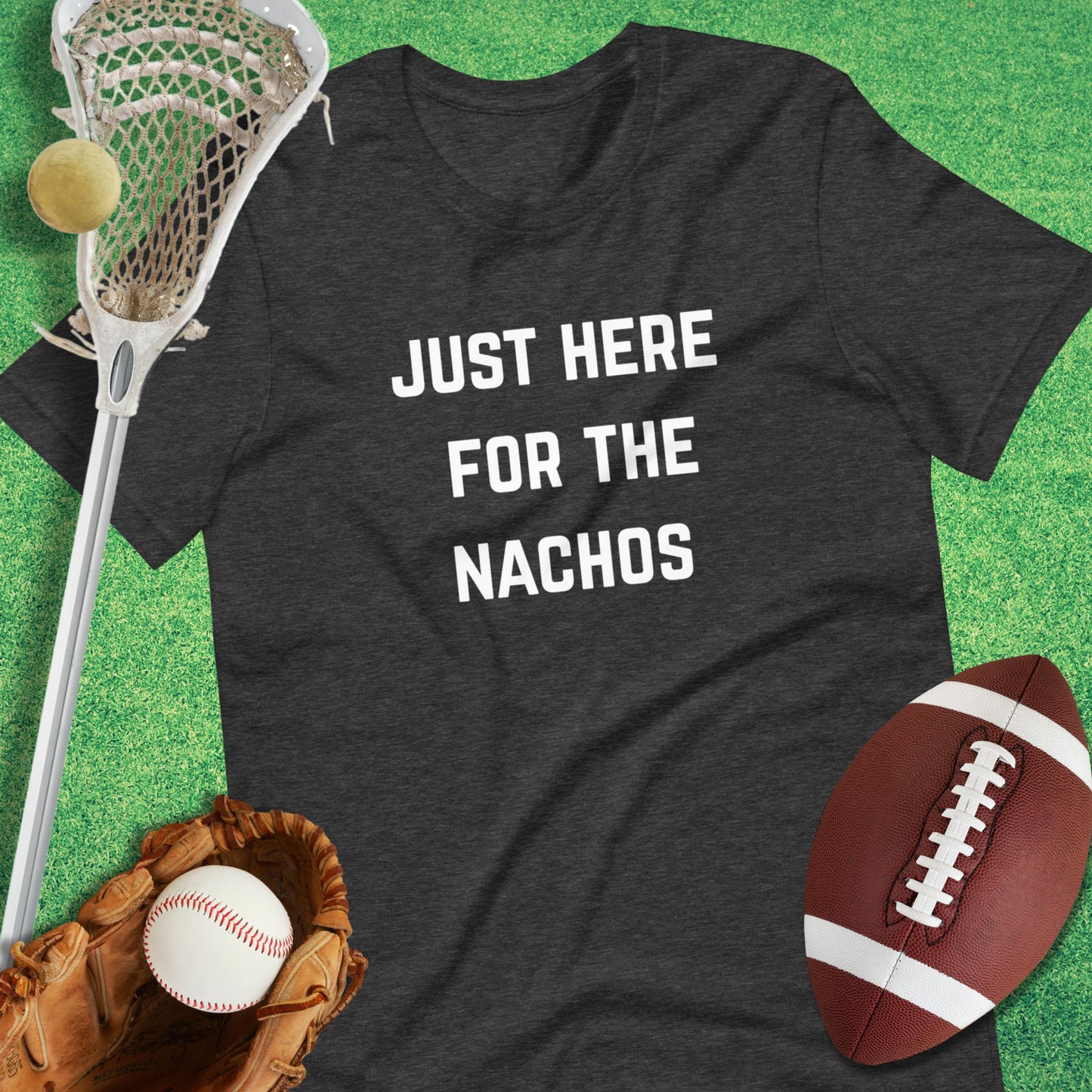 Just Here for the Nachos T-Shirt in Dark Grey Heather - sarcastic sports  T-Shirt | Sideline Gods