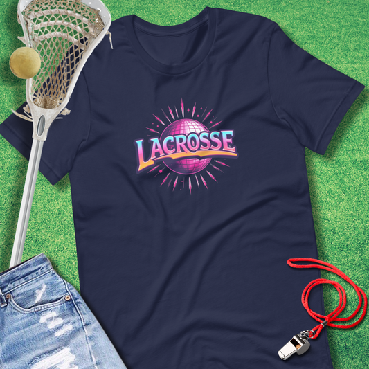 Lacrosse Disco T-Shirt in Navy - Retro Lacrosse T-Shirt for Players and Fans | Sideline Gods