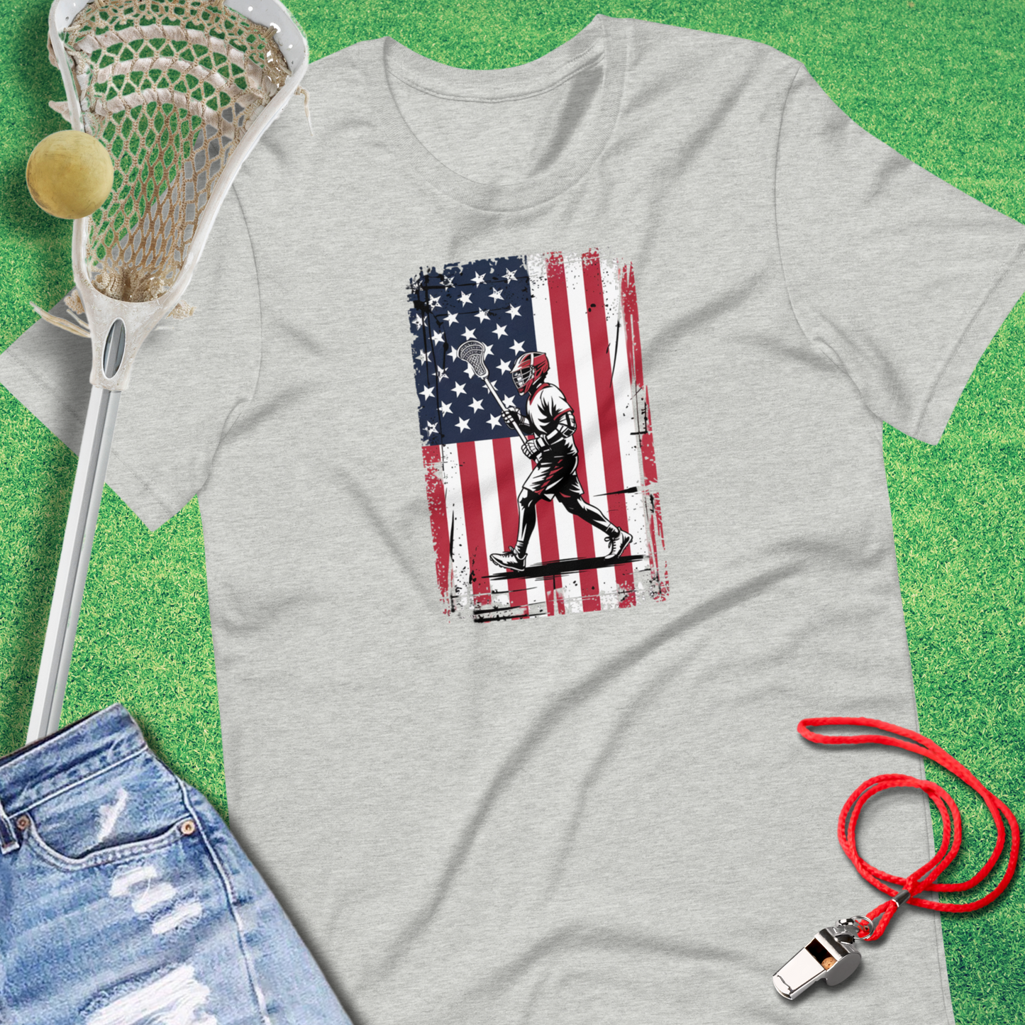 Lacrosse Flag T-Shirt in Athletic Heather - American Flag Lax T-Shirt | Sideline Gods