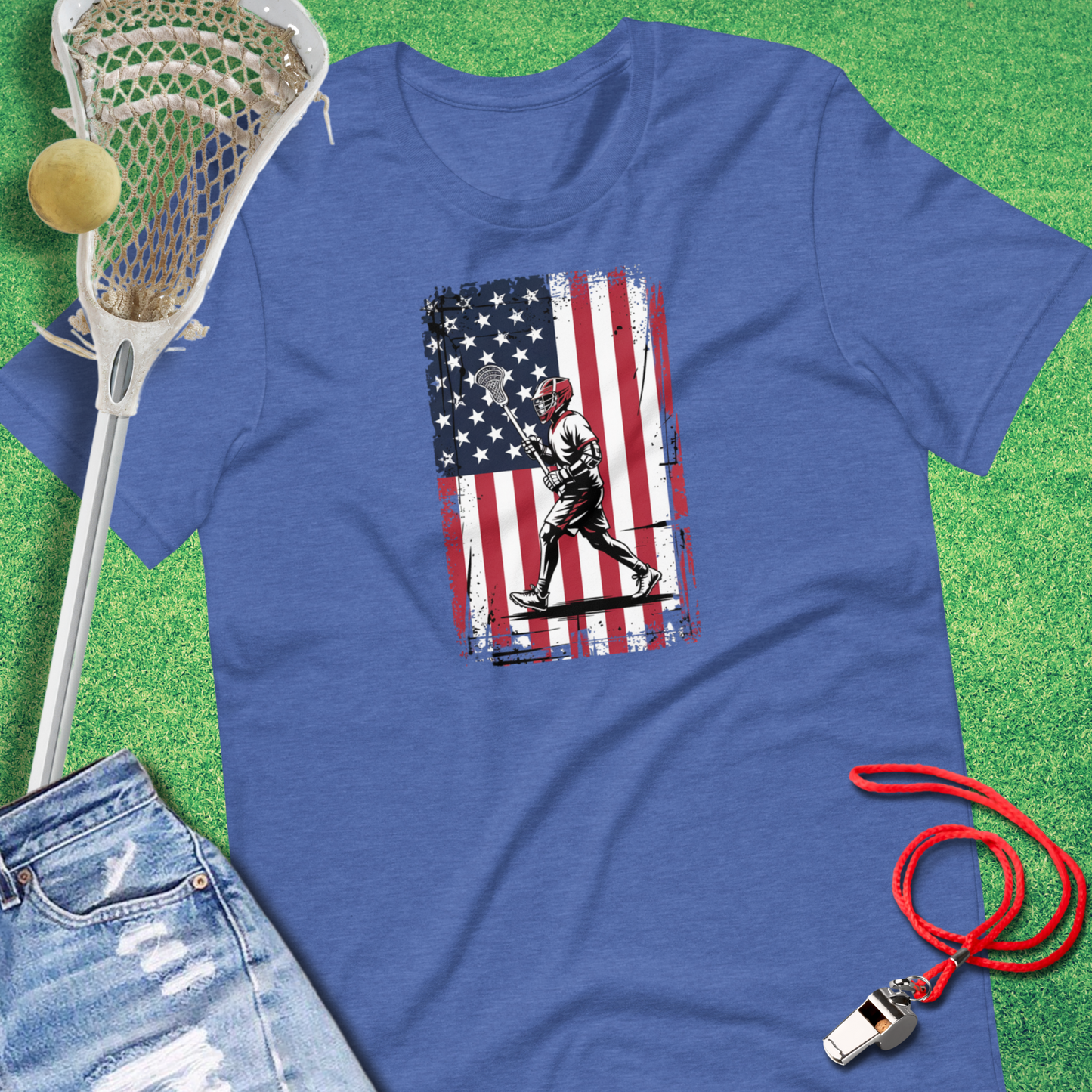 Lacrosse Flag T-Shirt in Heather True Royal - American Flag Lacrosse T-Shirt | Sideline Gods