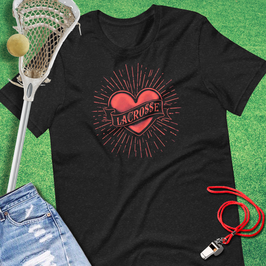 Lacrosse Heart Tattoo T-Shirt in Black Heather - Unique Lacrosse T-Shirt for Players and Fans | Sideline Gods