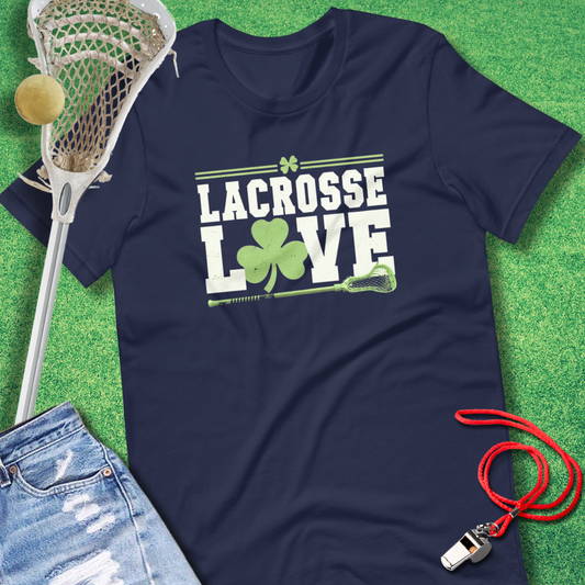 Lacrosse Love Shamrock T-Shirt in Navy - St Patrick's Day Lacrosse T-Shirt for Players and Fans | Sideline Gods